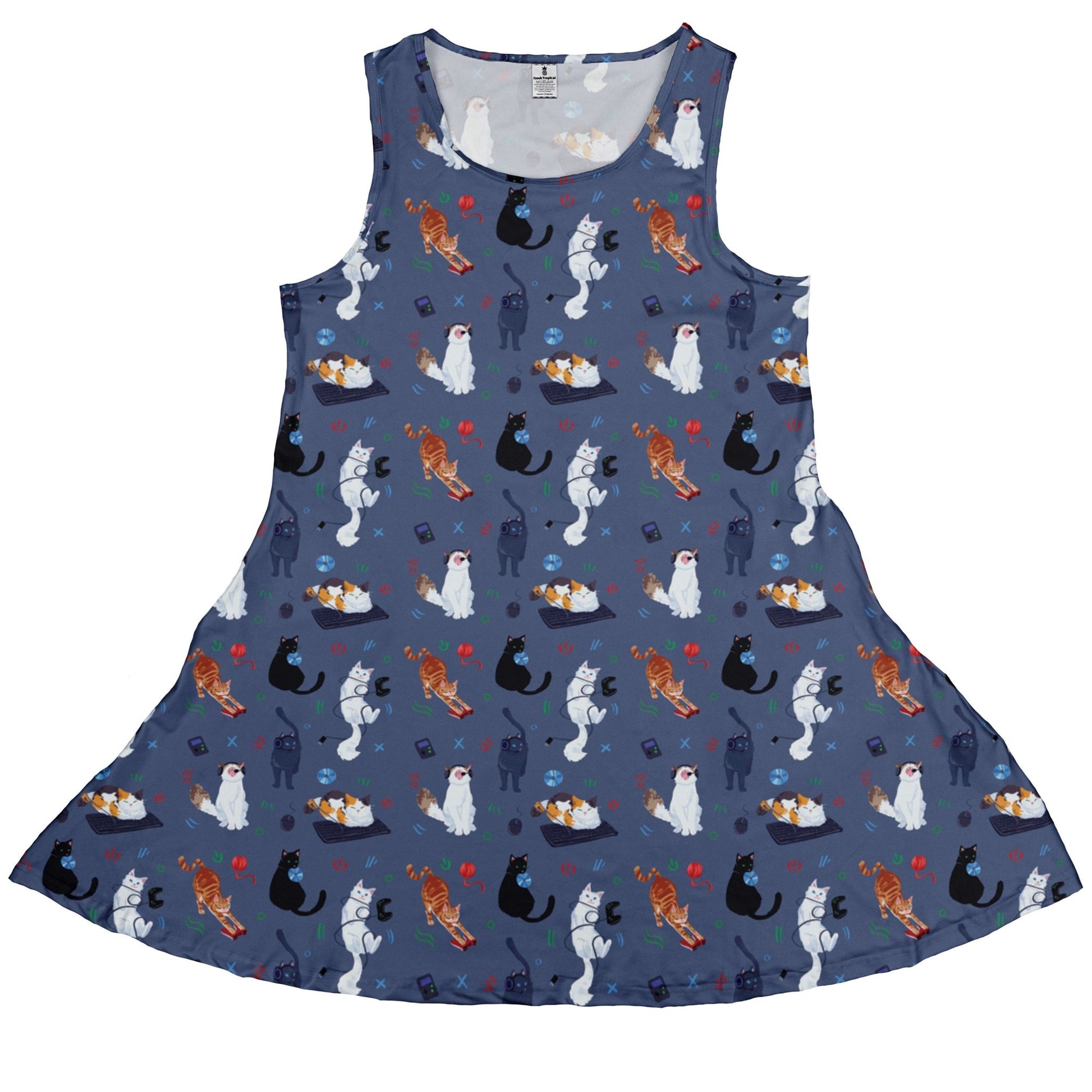 Video Game Cats Light Dress Geek Nerd Animal Patterns Design by Claire Murphy lx - C
