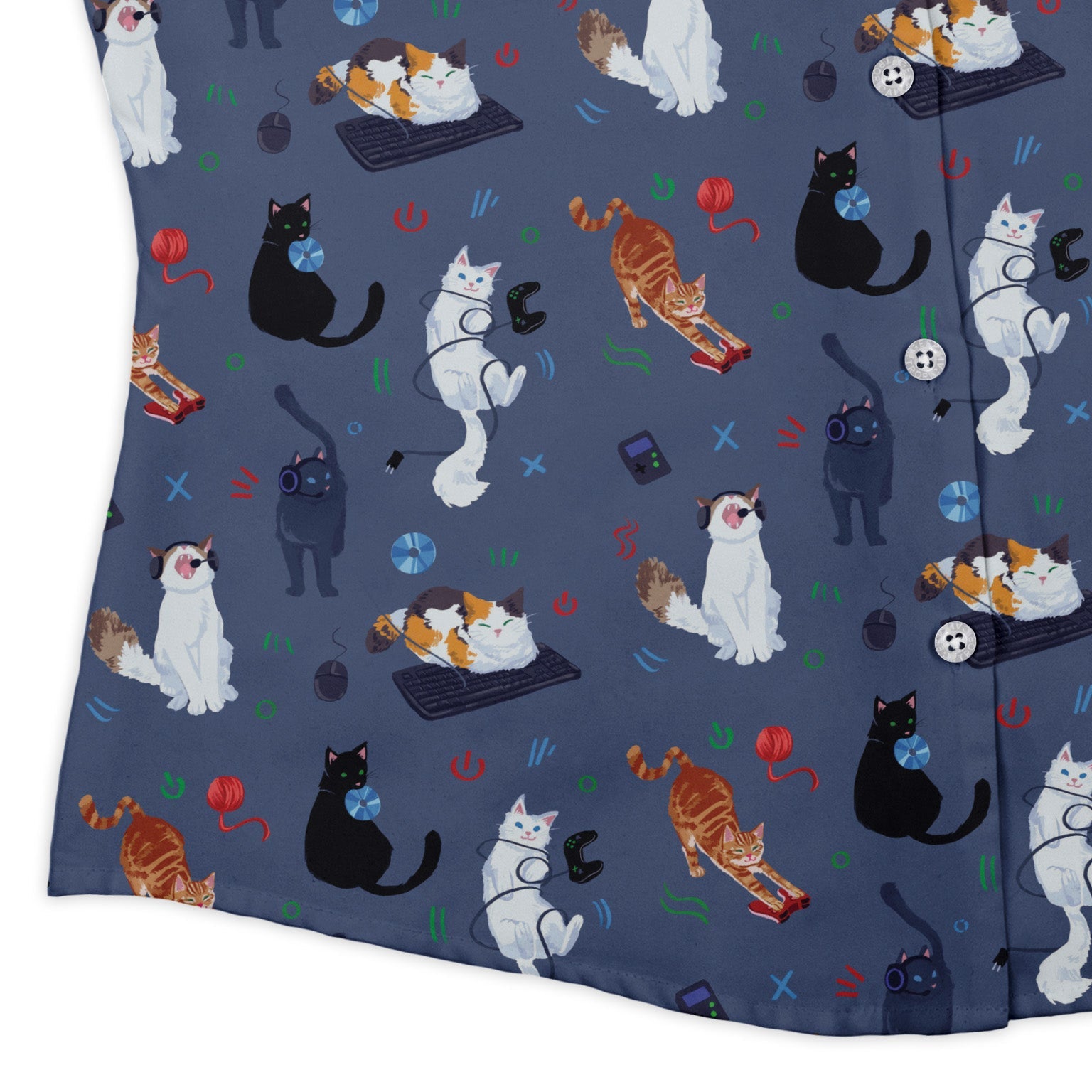 Video Game Cats Light Curvy Button Up Shirt Geek Nerd Animal Patterns Design by Claire Murphy video game arcade print