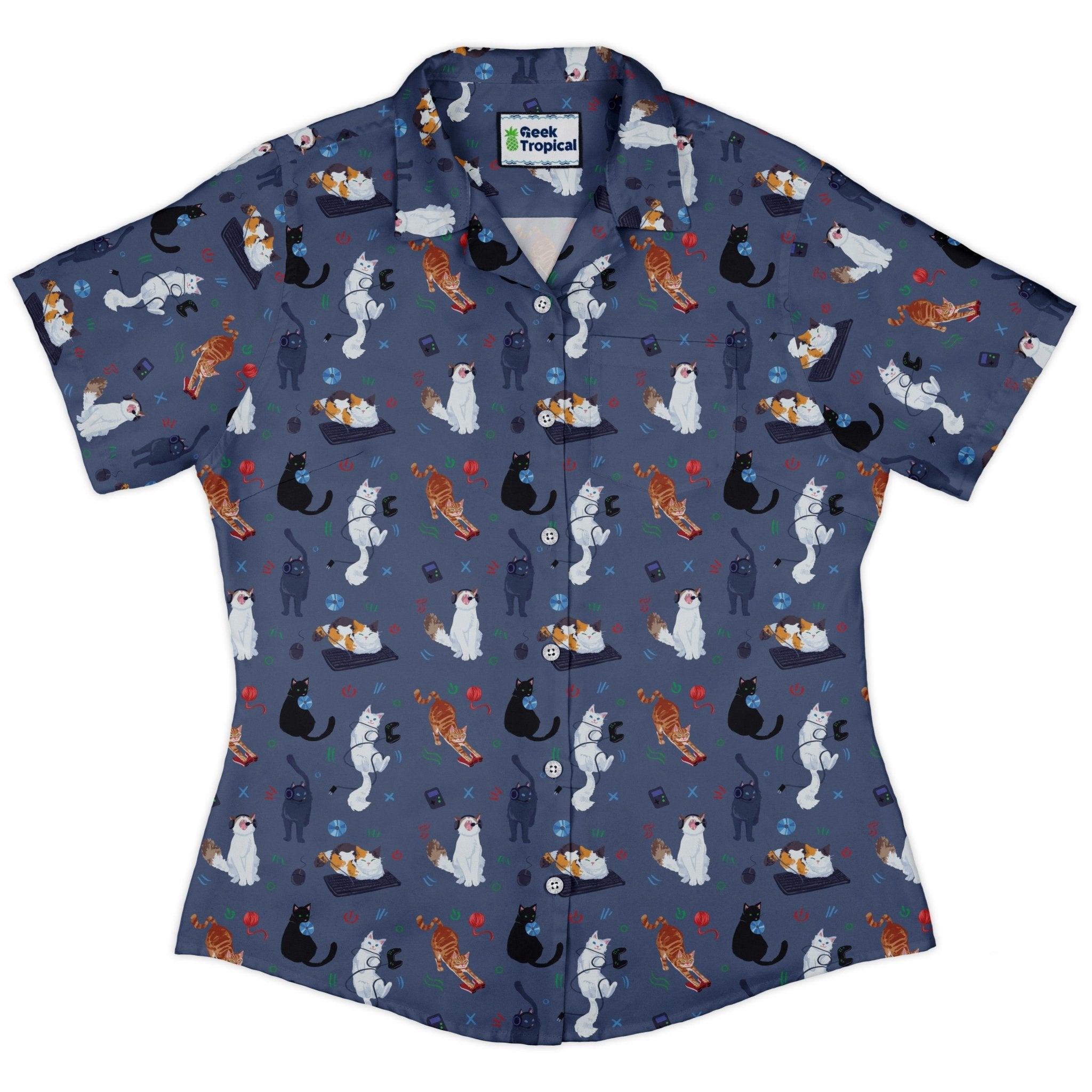 Video Game Cats Light Curvy Button Up Shirt Geek Nerd Animal Patterns Design by Claire Murphy video game arcade print