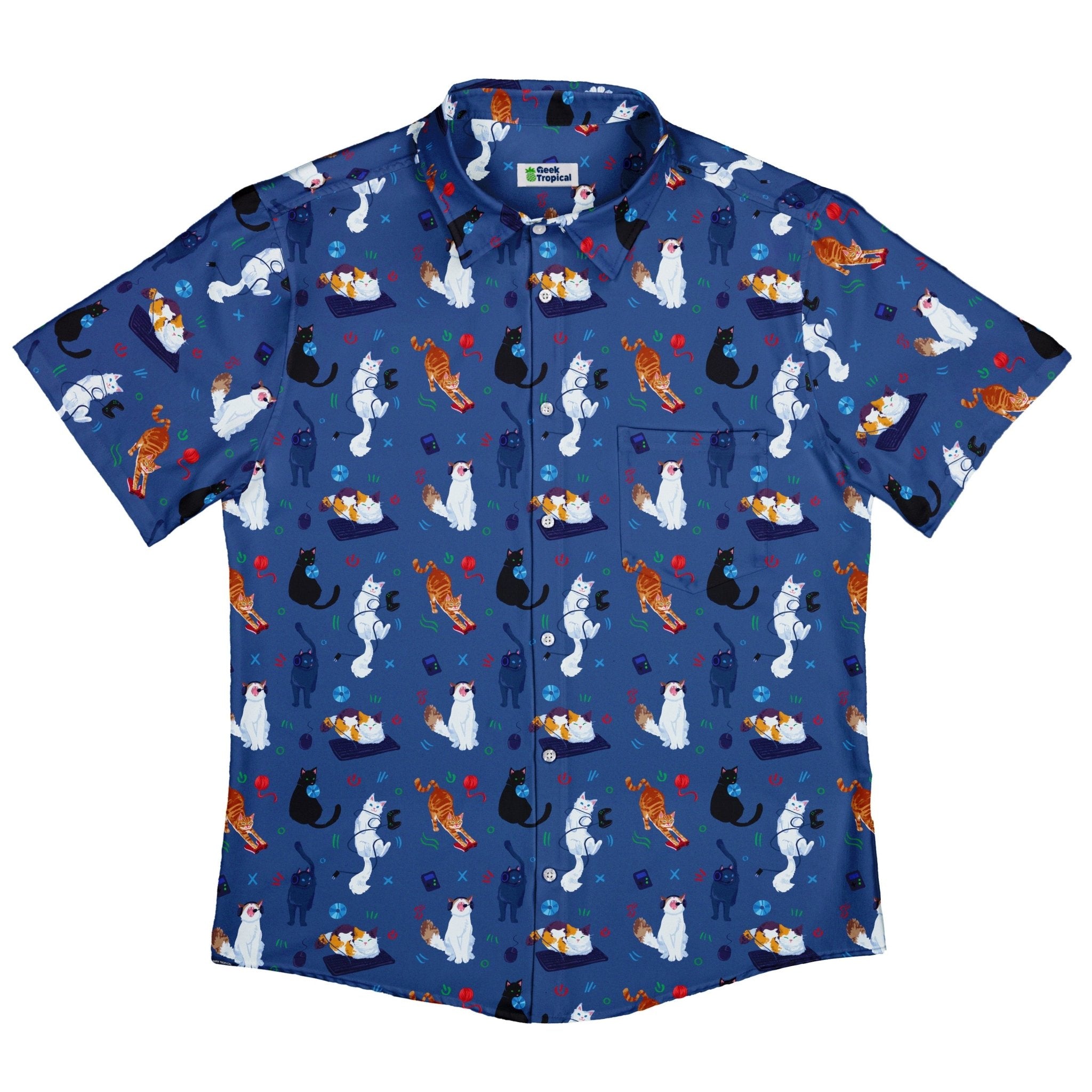 Video Game Cats Light Button Up Shirt - adult sizing - Animal Patterns - Design by Claire Murphy