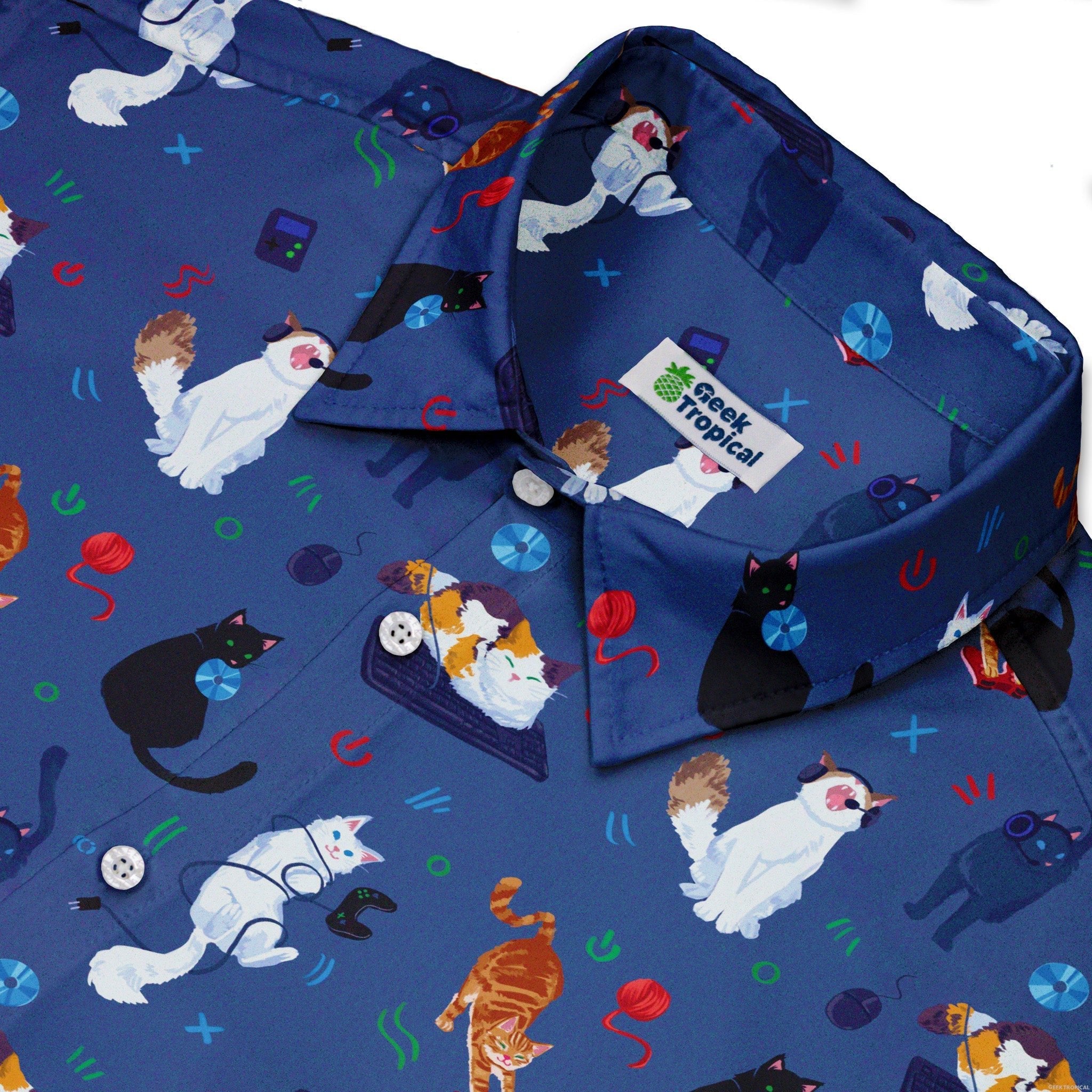 Video Game Cats Light Button Up Shirt - adult sizing - Animal Patterns - Design by Claire Murphy