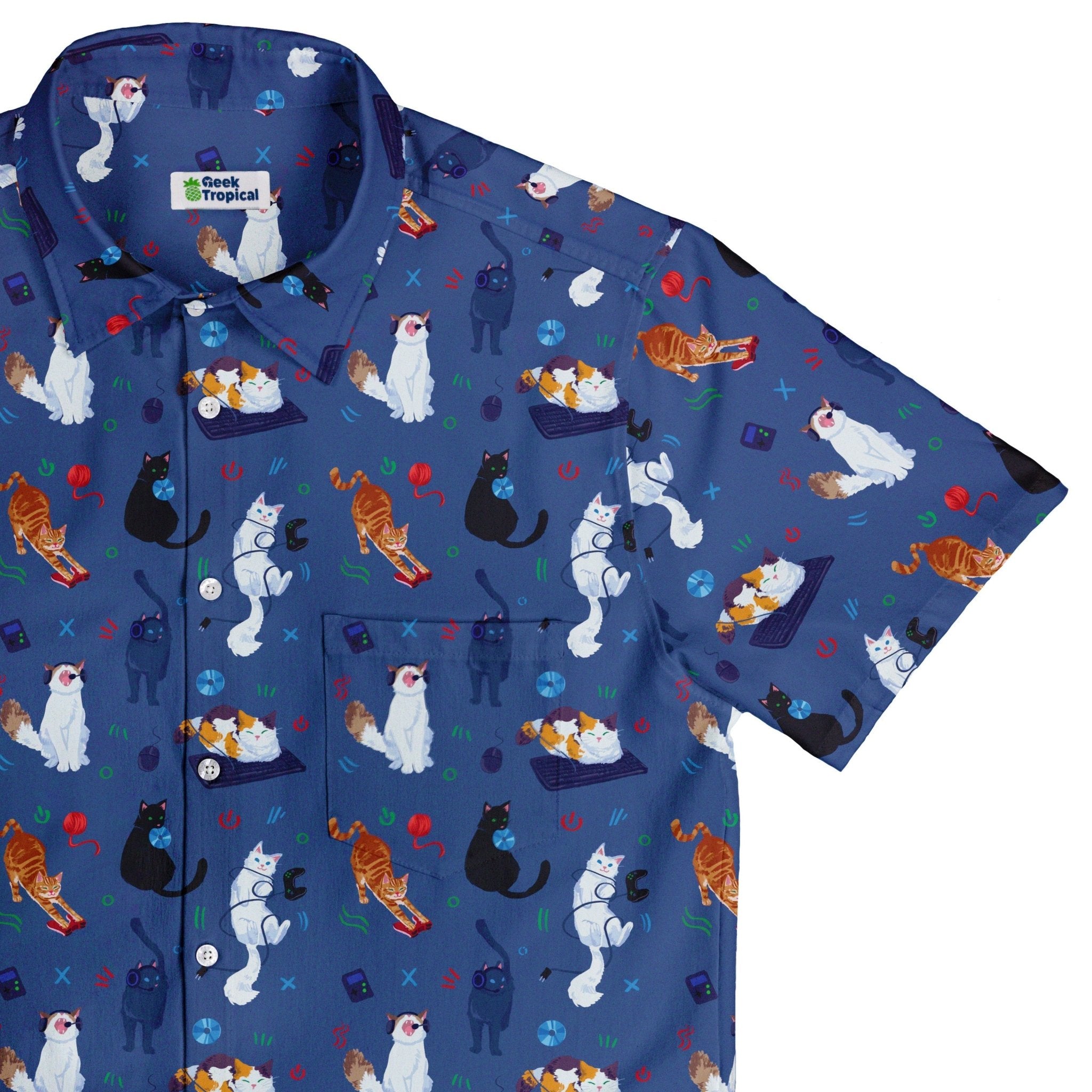 Video Game Cats Light Button Up Shirt - adult sizing - Animal Patterns - Design by Claire Murphy