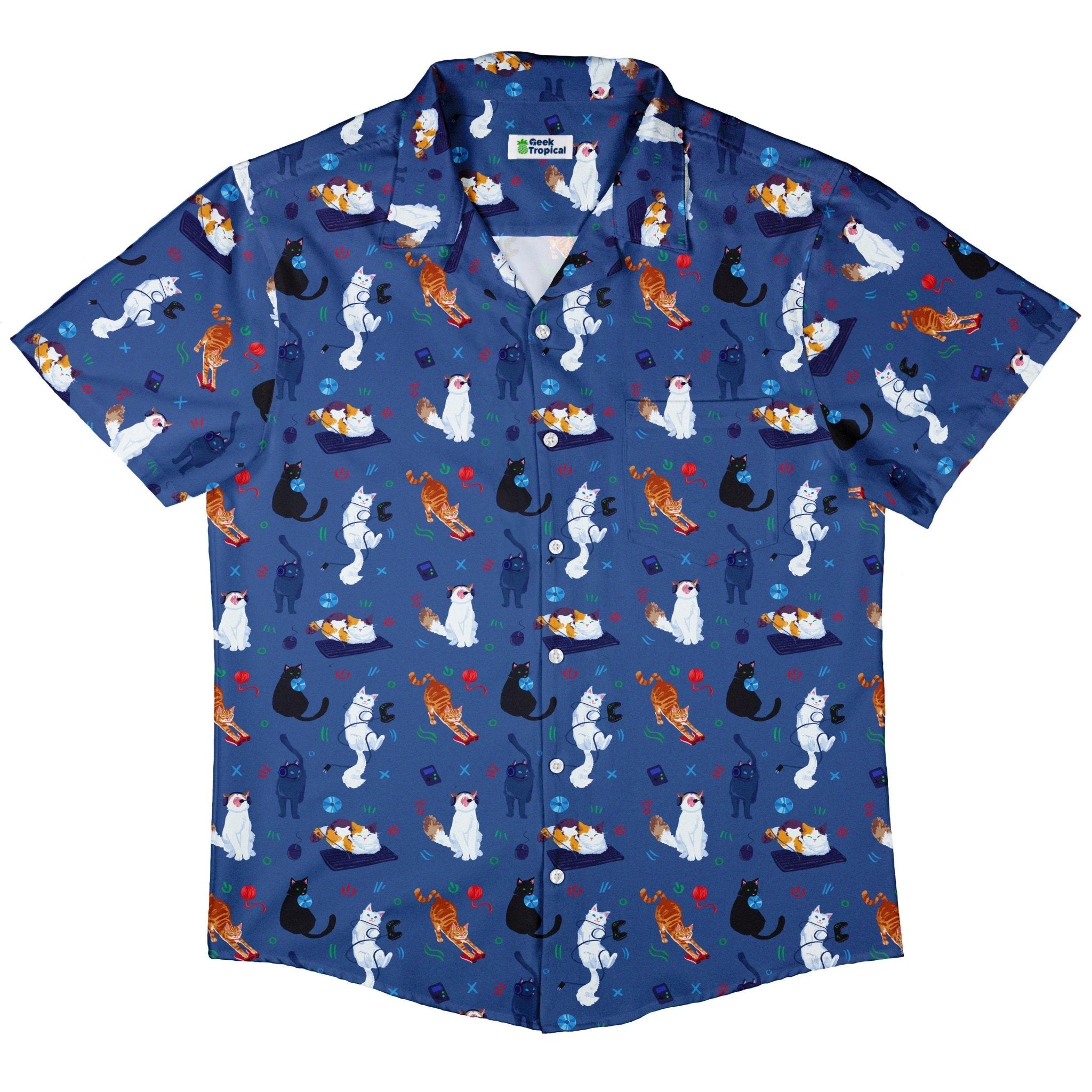 Clearance Ready - to - Ship Video Game Cats Light Button Up Shirt Geek Nerd adult sizing Animal Patterns Clearance
