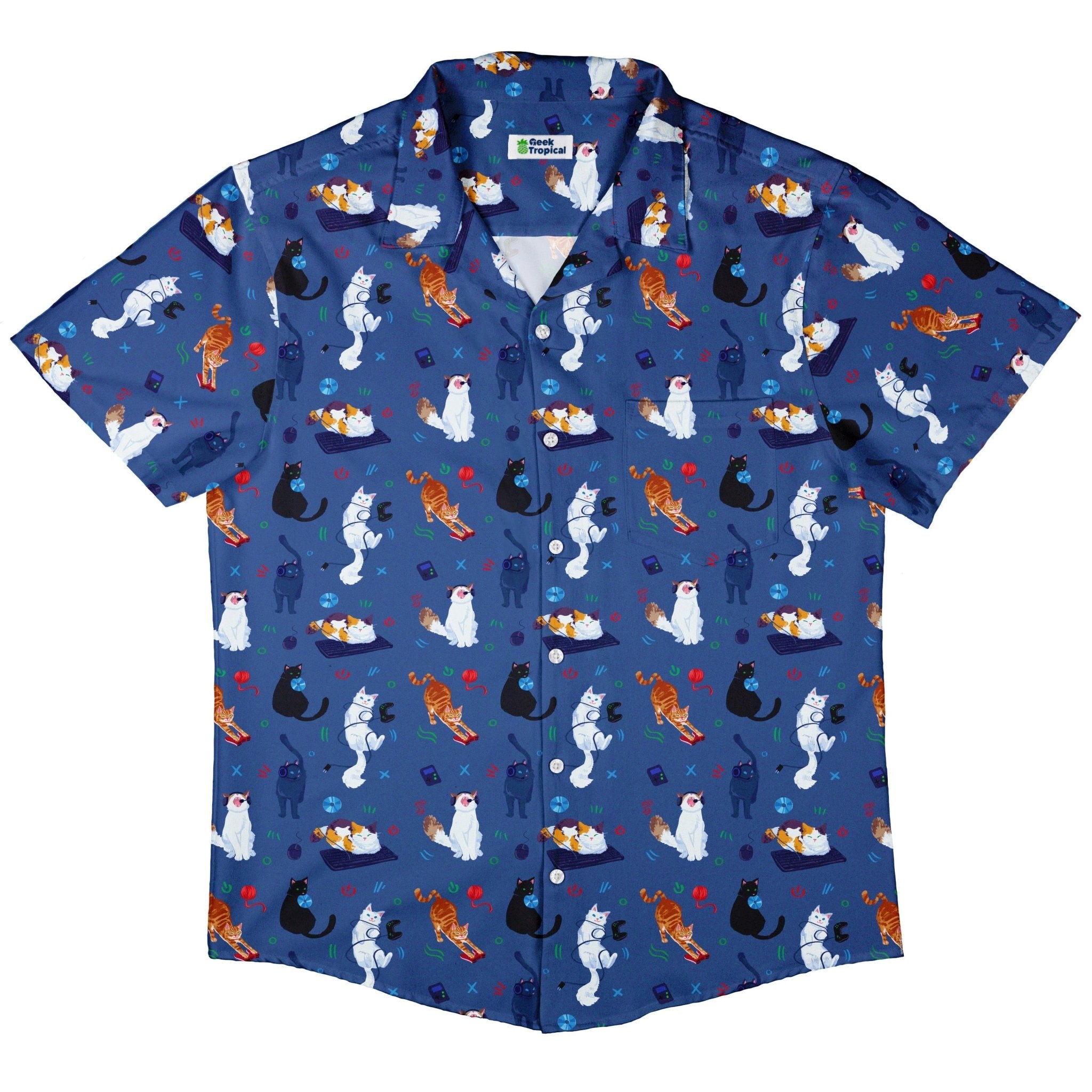 Video Game Cats Light Button Up Shirt - adult sizing - Animal Patterns - Design by Claire Murphy