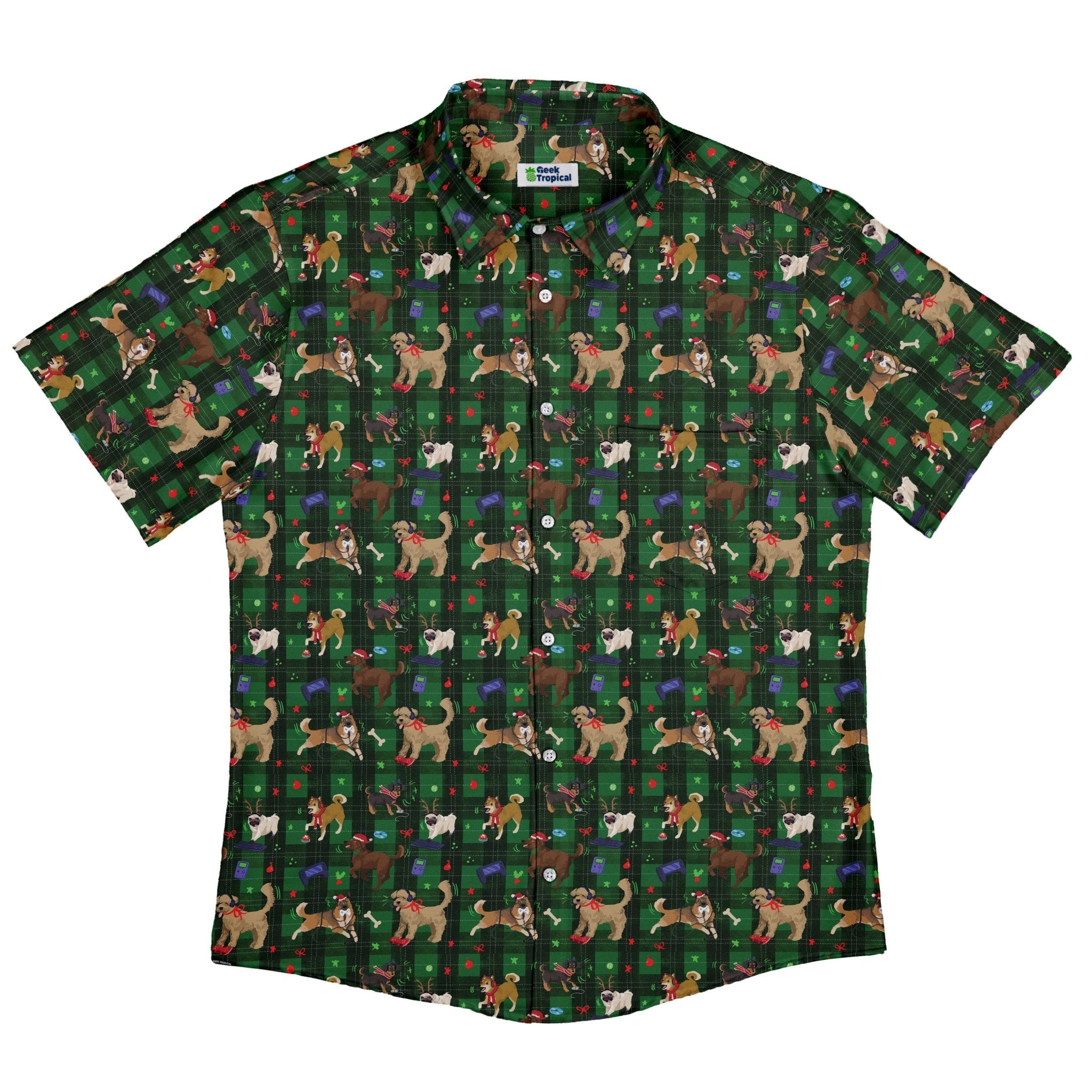 Video Game Dogs Christmas Button Up Shirt Geek Nerd adult sizing Christmas Print Design by Claire Murphy