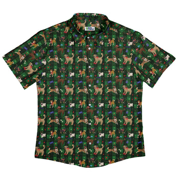 Video Game Dogs Christmas Button Up Shirt Geek Nerd adult sizing Christmas Print Design by Claire Murphy