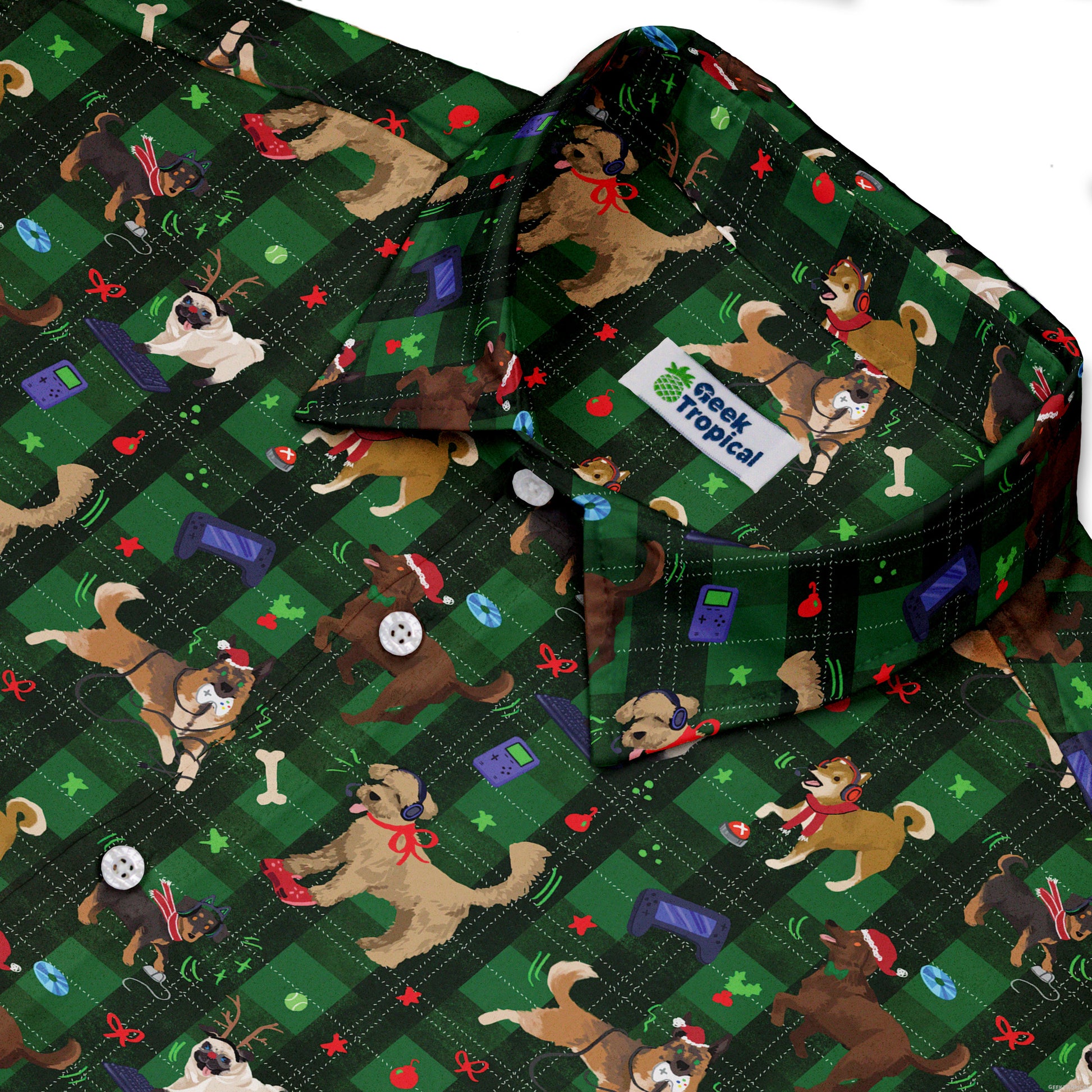 Video Game Dogs Christmas Button Up Shirt Geek Nerd adult sizing Christmas Print Design by Claire Murphy