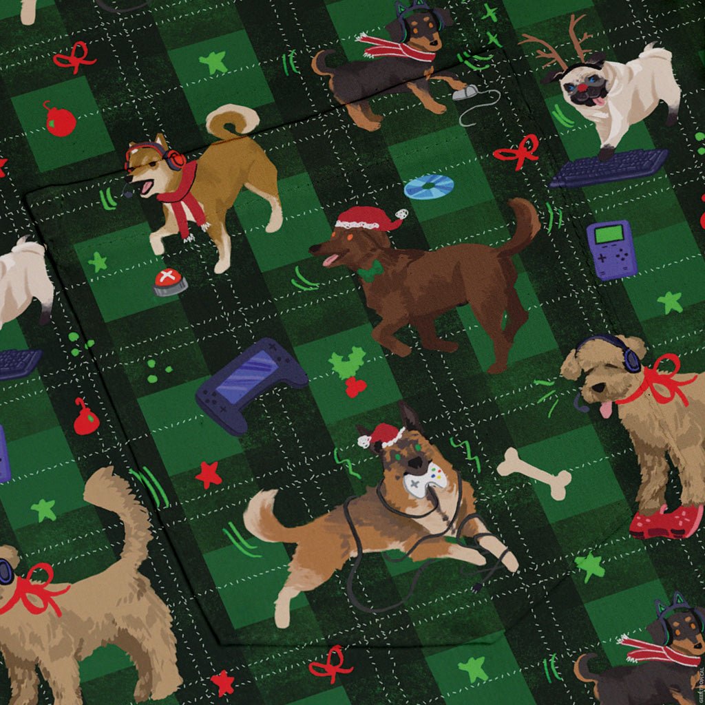 Video Game Dogs Christmas Button Up Shirt Geek Nerd adult sizing Christmas Print Design by Claire Murphy