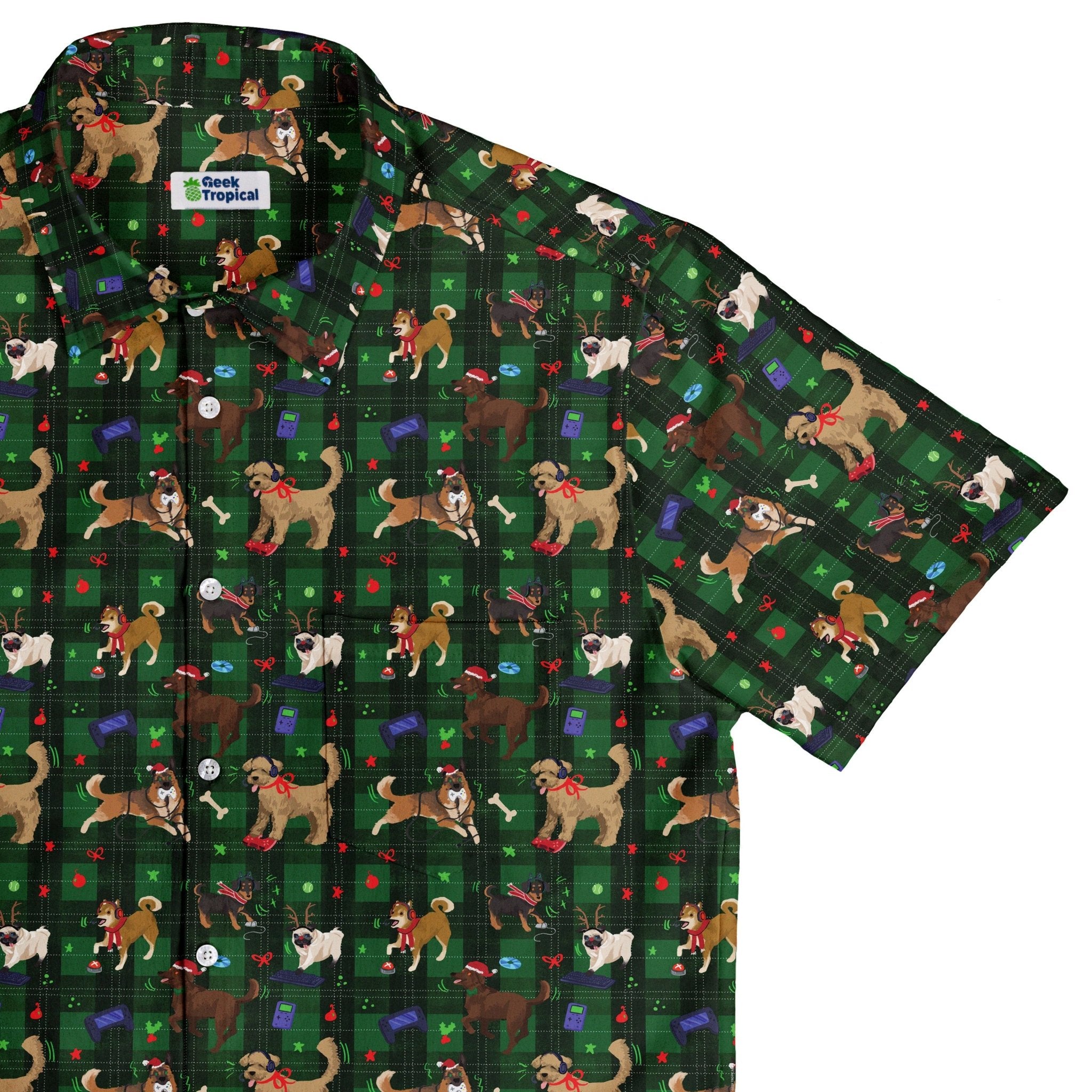 Video Game Dogs Christmas Button Up Shirt Geek Nerd adult sizing Christmas Print Design by Claire Murphy