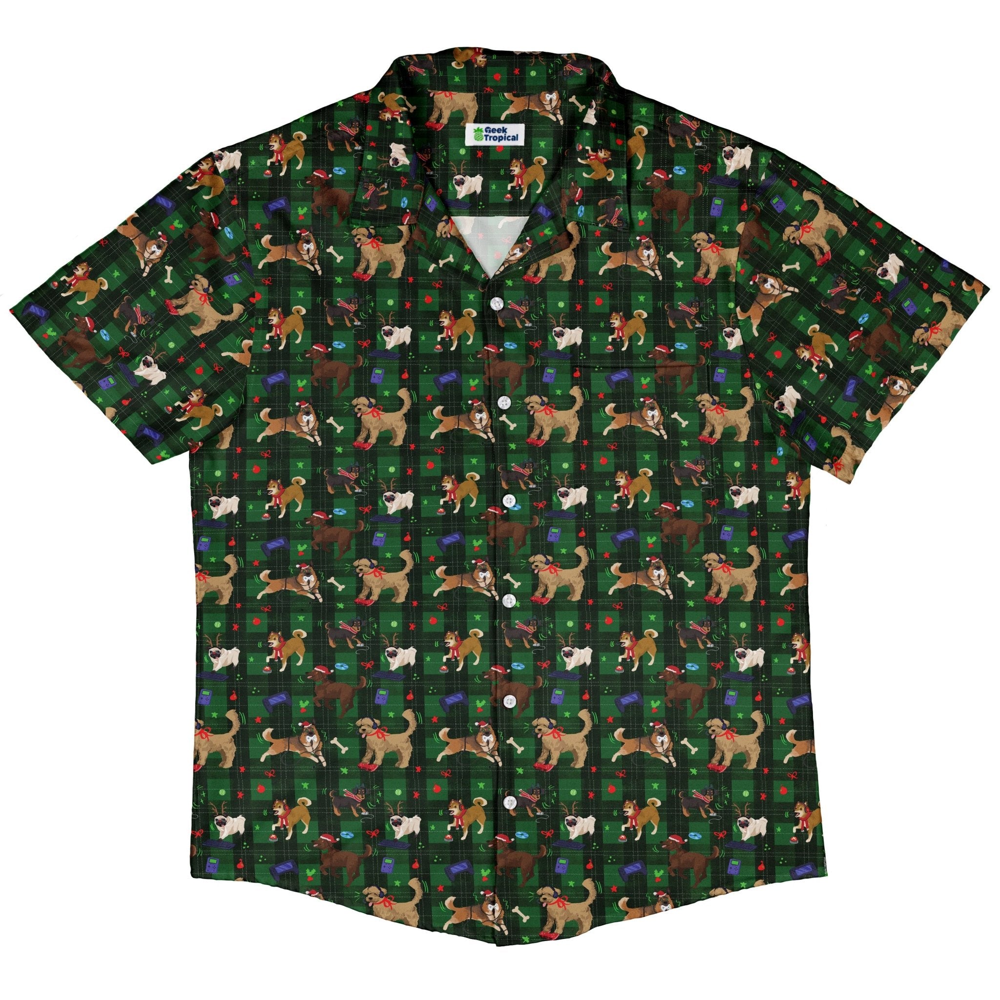 Video Game Dogs Christmas Button Up Shirt Geek Nerd adult sizing Christmas Print Design by Claire Murphy