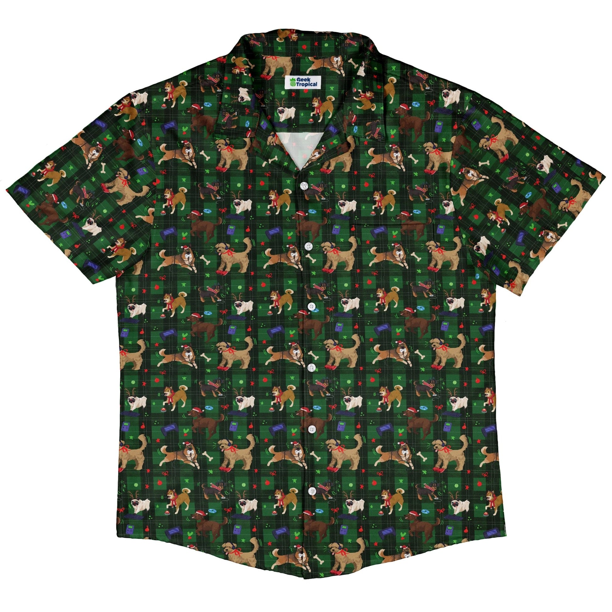 Video Game Dogs Christmas Button Up Shirt Geek Nerd adult sizing Christmas Print Design by Claire Murphy