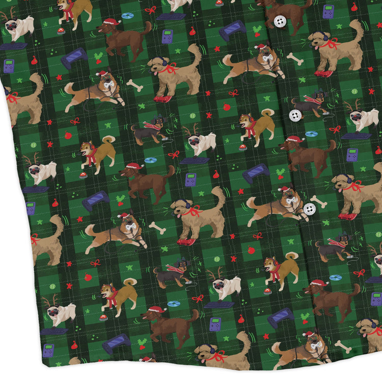 Video Game Dogs Christmas Long Sleeve Button Up Shirt Geek Nerd adult sizing Christmas Print Design by Claire Murphy