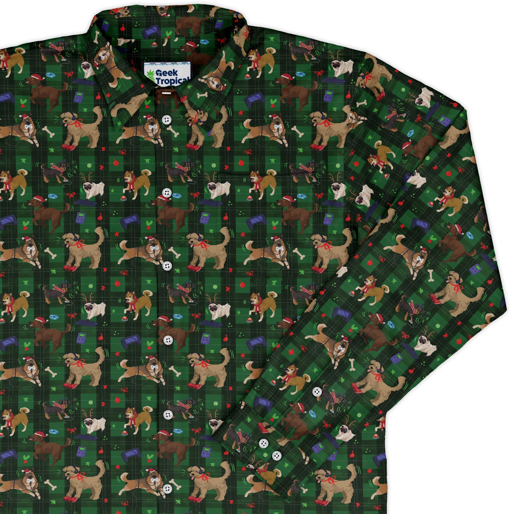 Video Game Dogs Christmas Long Sleeve Button Up Shirt