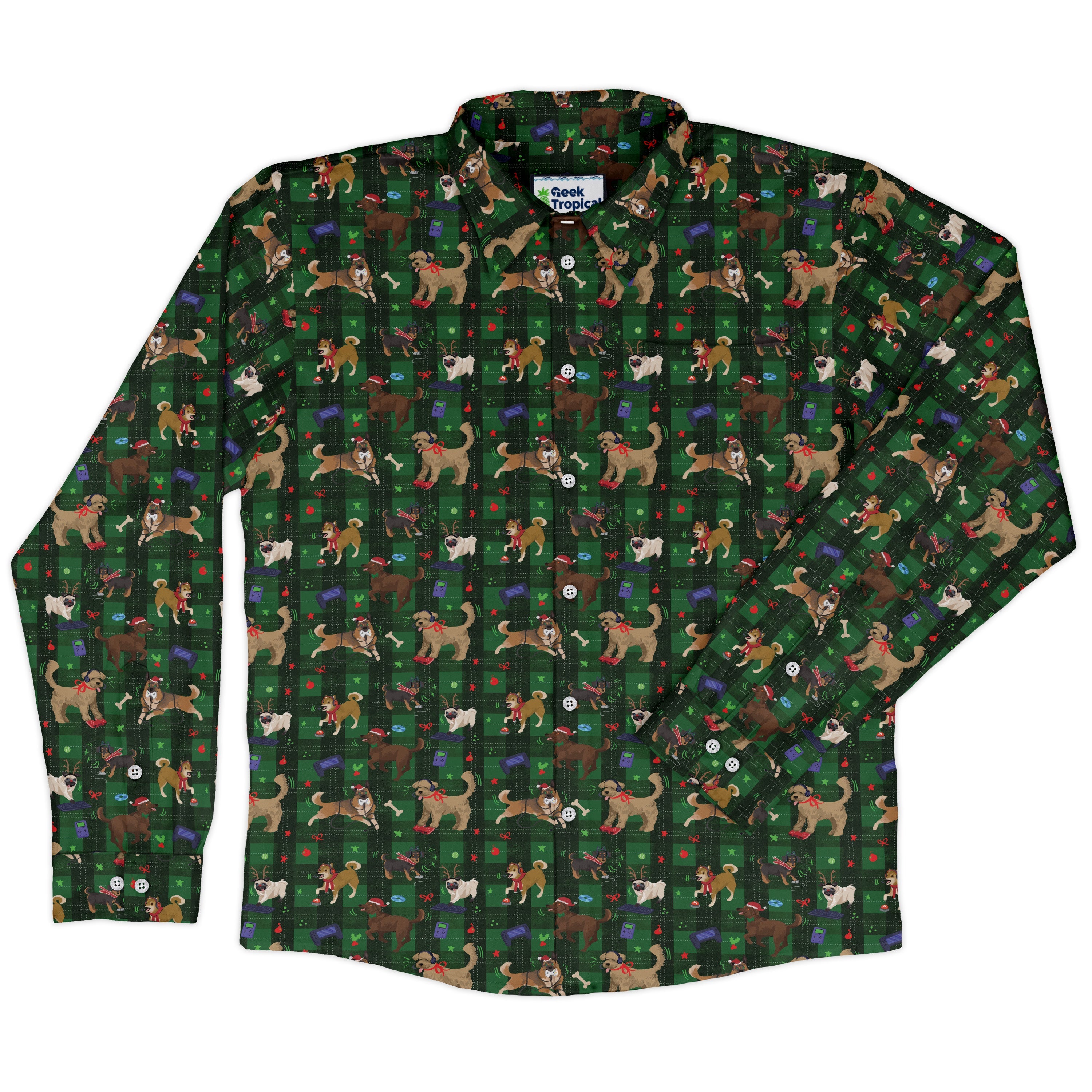 Video Game Dogs Christmas Long Sleeve Button Up Shirt