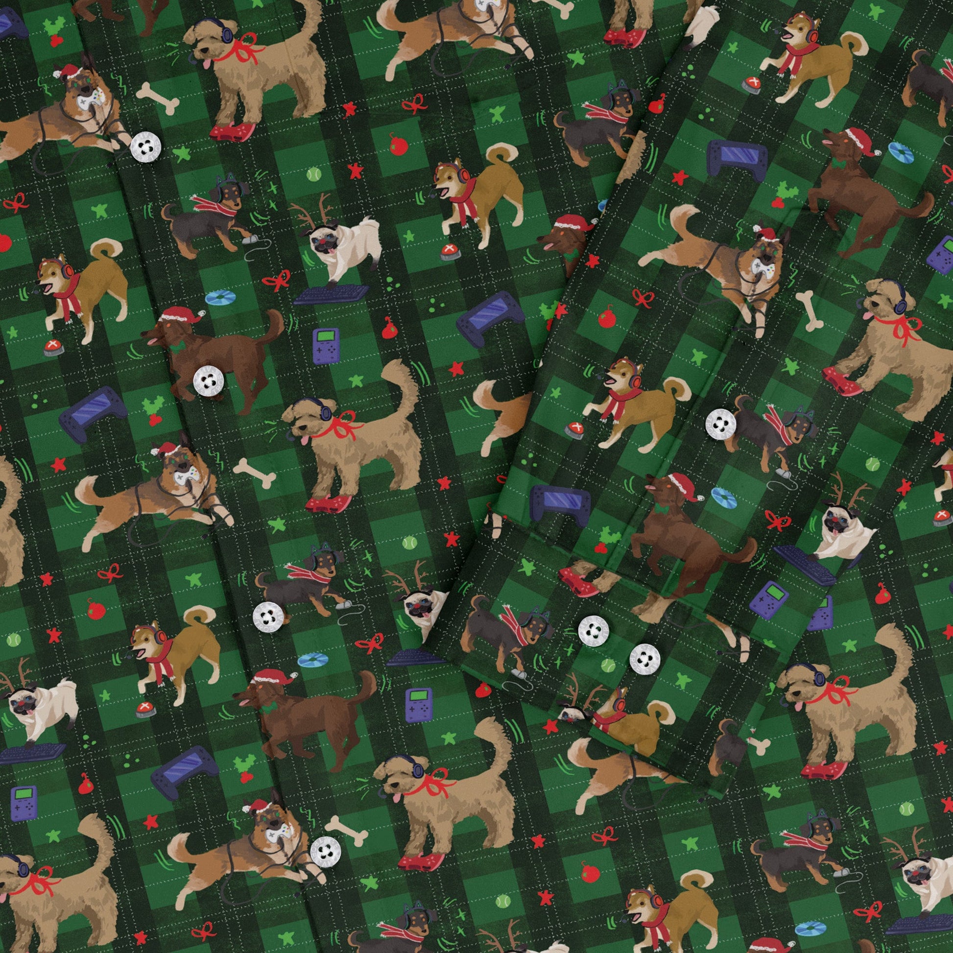 Video Game Dogs Christmas Long Sleeve Button Up Shirt