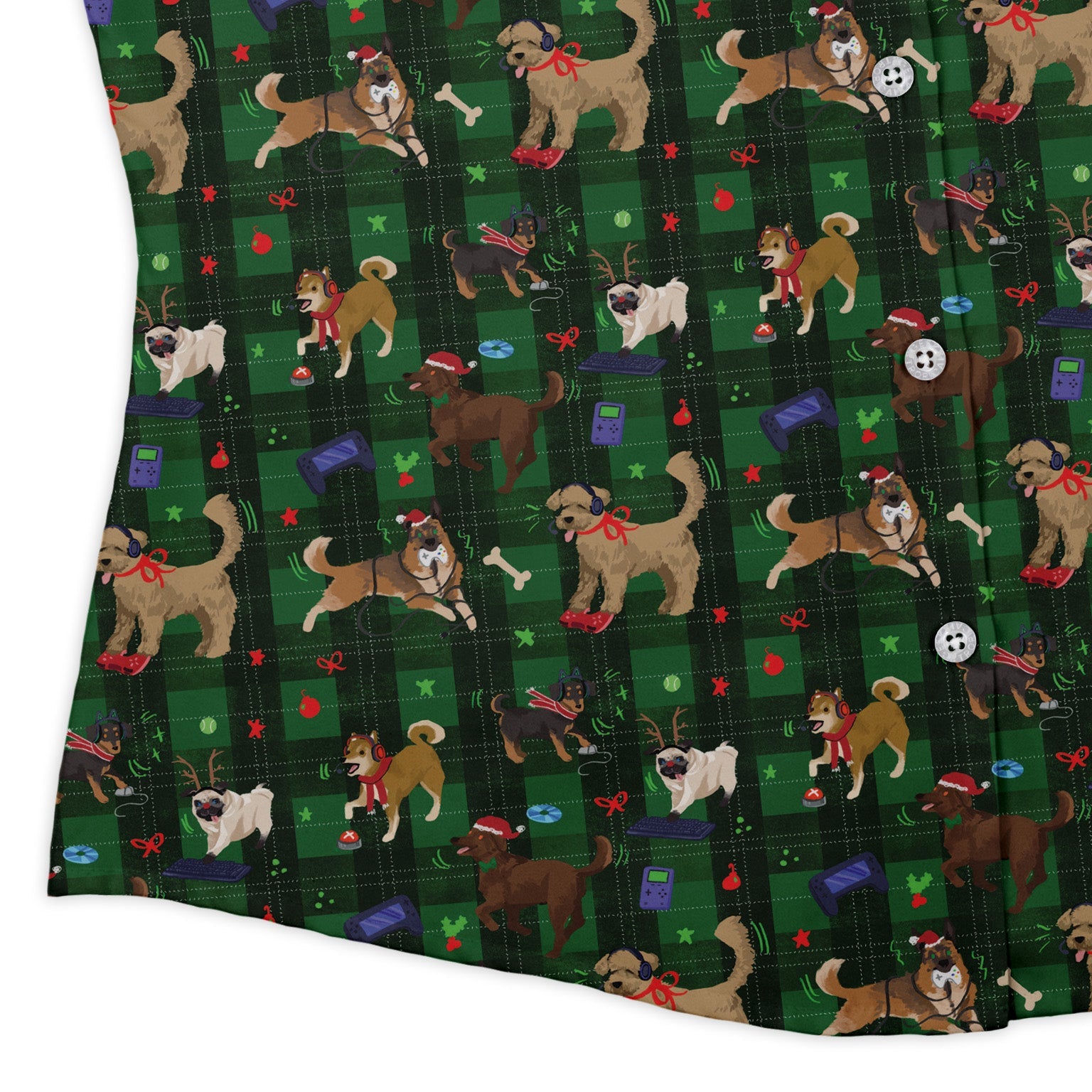 Video Game Dogs Christmas Curvy Button Up Shirt Geek Nerd Christmas Print Design by Claire Murphy video game arcade print