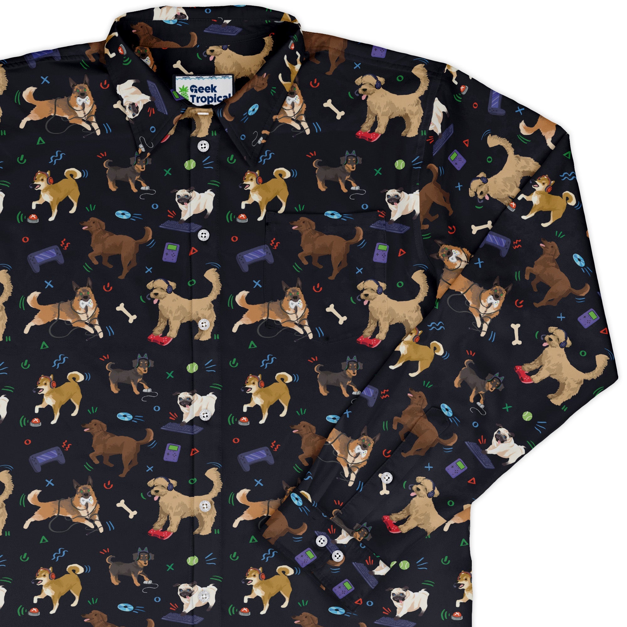Video Game Dogs Dark Long Sleeve Button Up Shirt