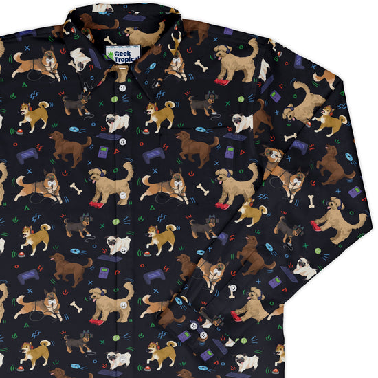 Video Game Dogs Dark Long Sleeve Button Up Shirt Geek Nerd adult sizing Animal Patterns Design by Claire Murphy