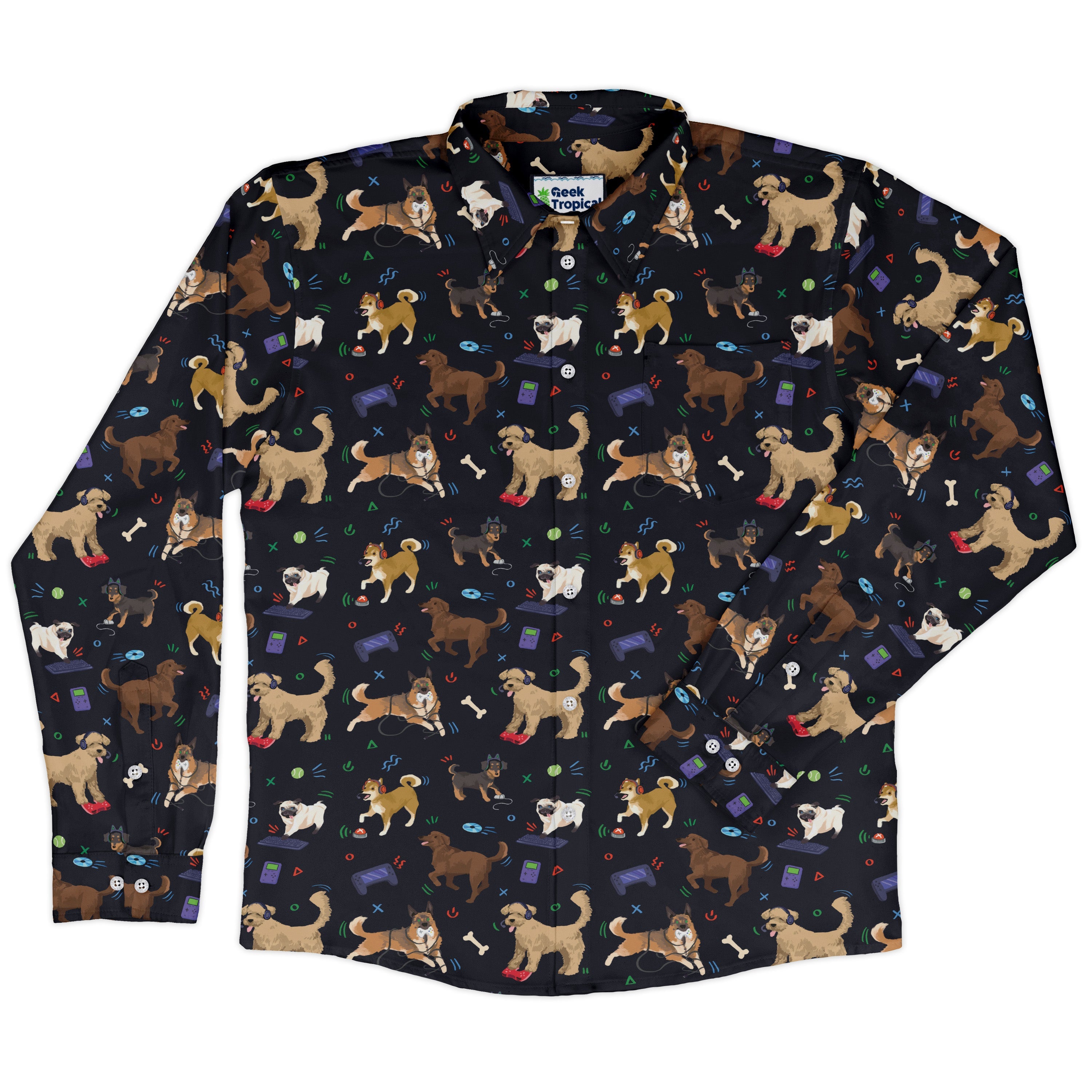 Video Game Dogs Dark Long Sleeve Button Up Shirt