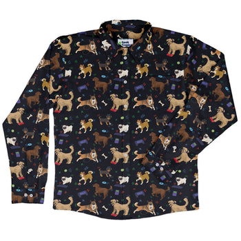 Video Game Dogs Dark Long Sleeve Button Up Shirt Geek Nerd adult sizing Animal Patterns Design by Claire Murphy