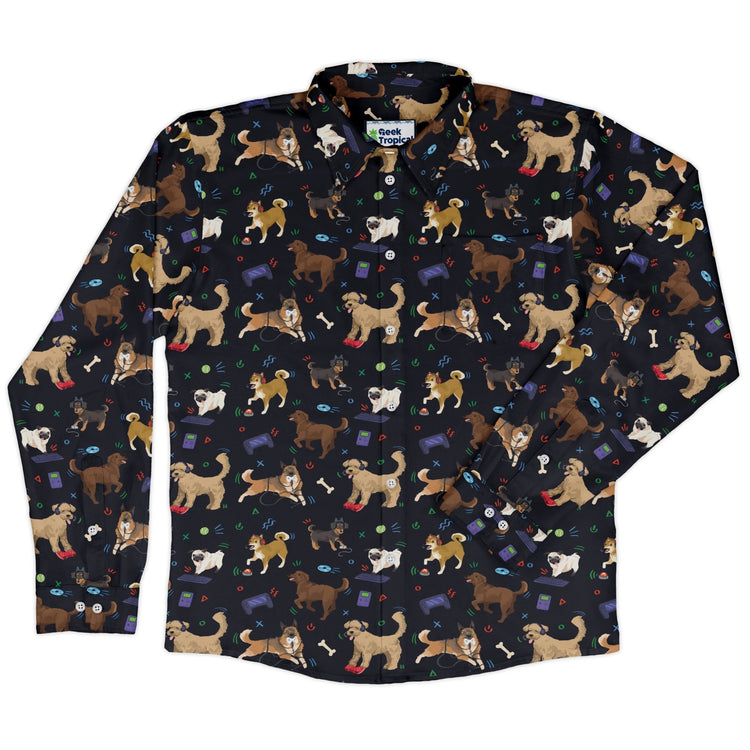 Video Game Dogs Dark Long Sleeve Button Up Shirt Geek Nerd adult sizing Animal Patterns Design by Claire Murphy