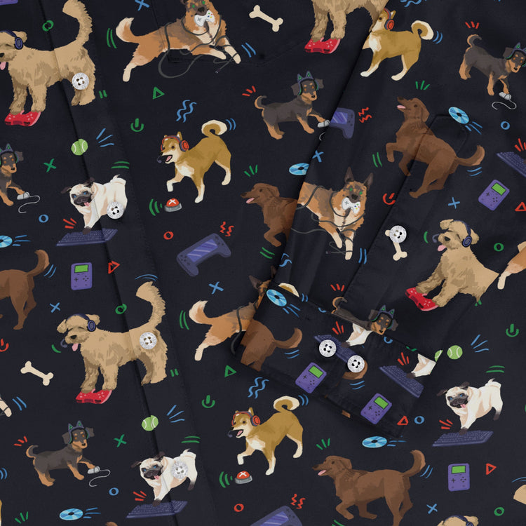 Video Game Dogs Dark Long Sleeve Button Up Shirt Geek Nerd adult sizing Animal Patterns Design by Claire Murphy