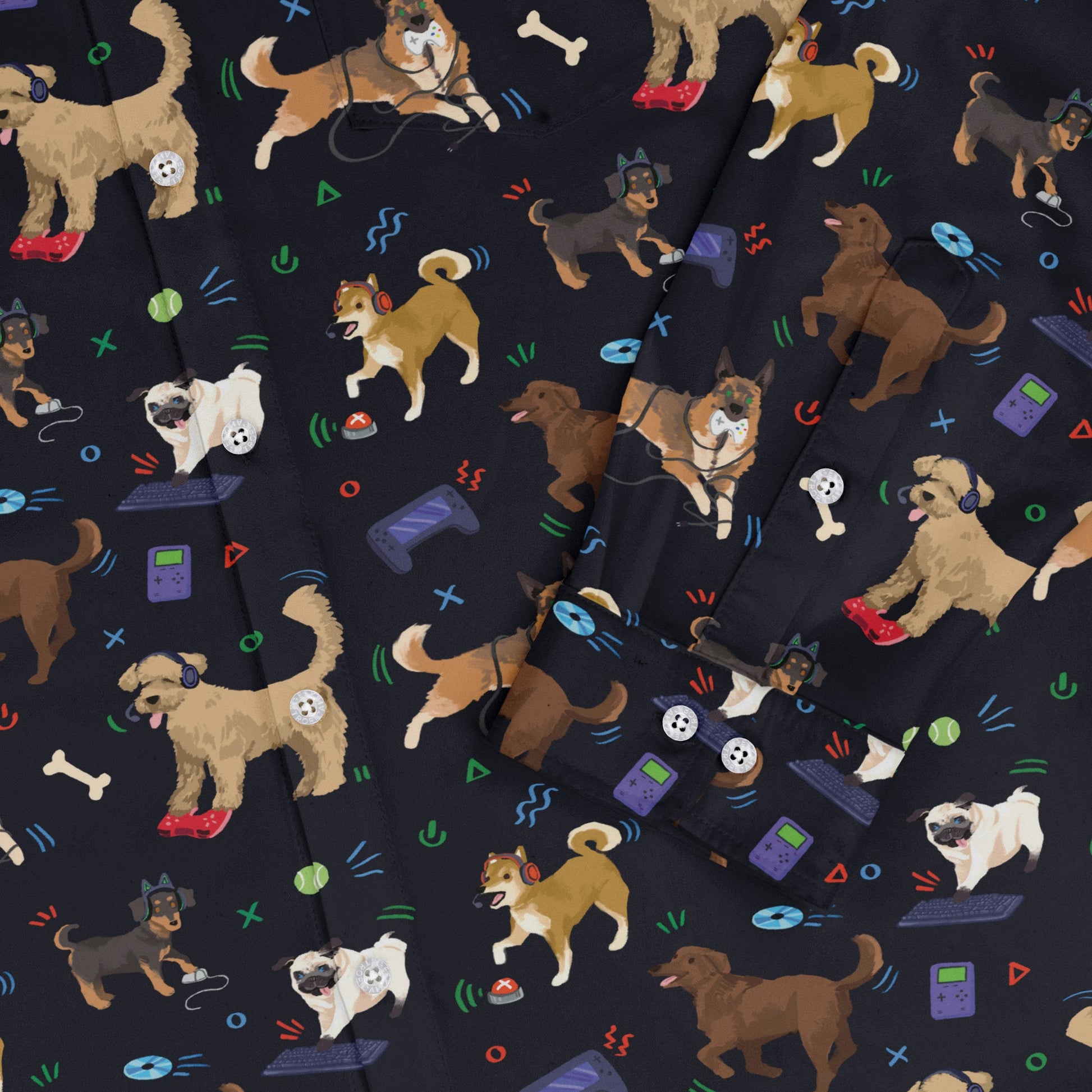 Video Game Dogs Dark Long Sleeve Button Up Shirt