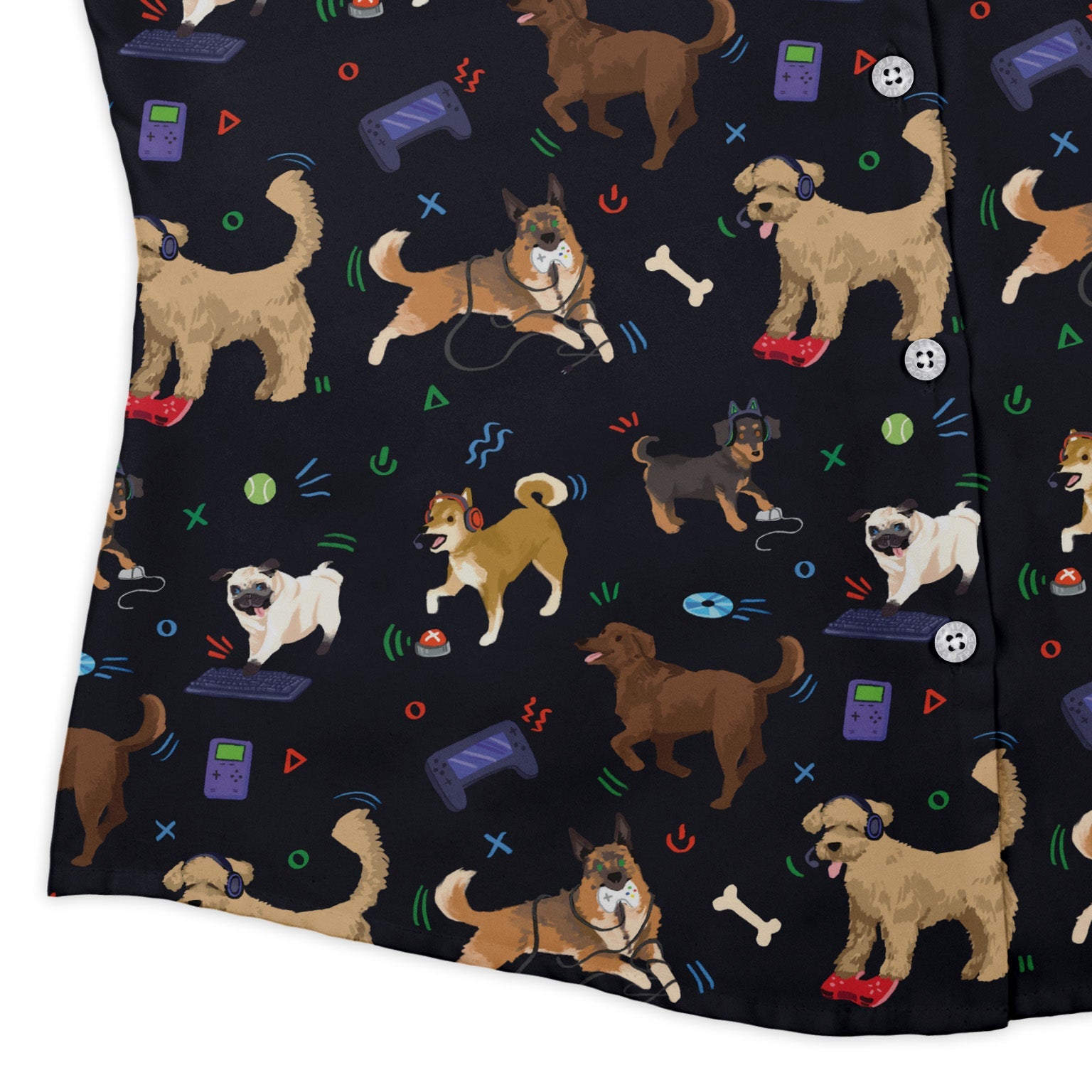 Video Game Dogs Dark Curvy Button Up Shirt Geek Nerd Animal Patterns Design by Claire Murphy video game arcade print