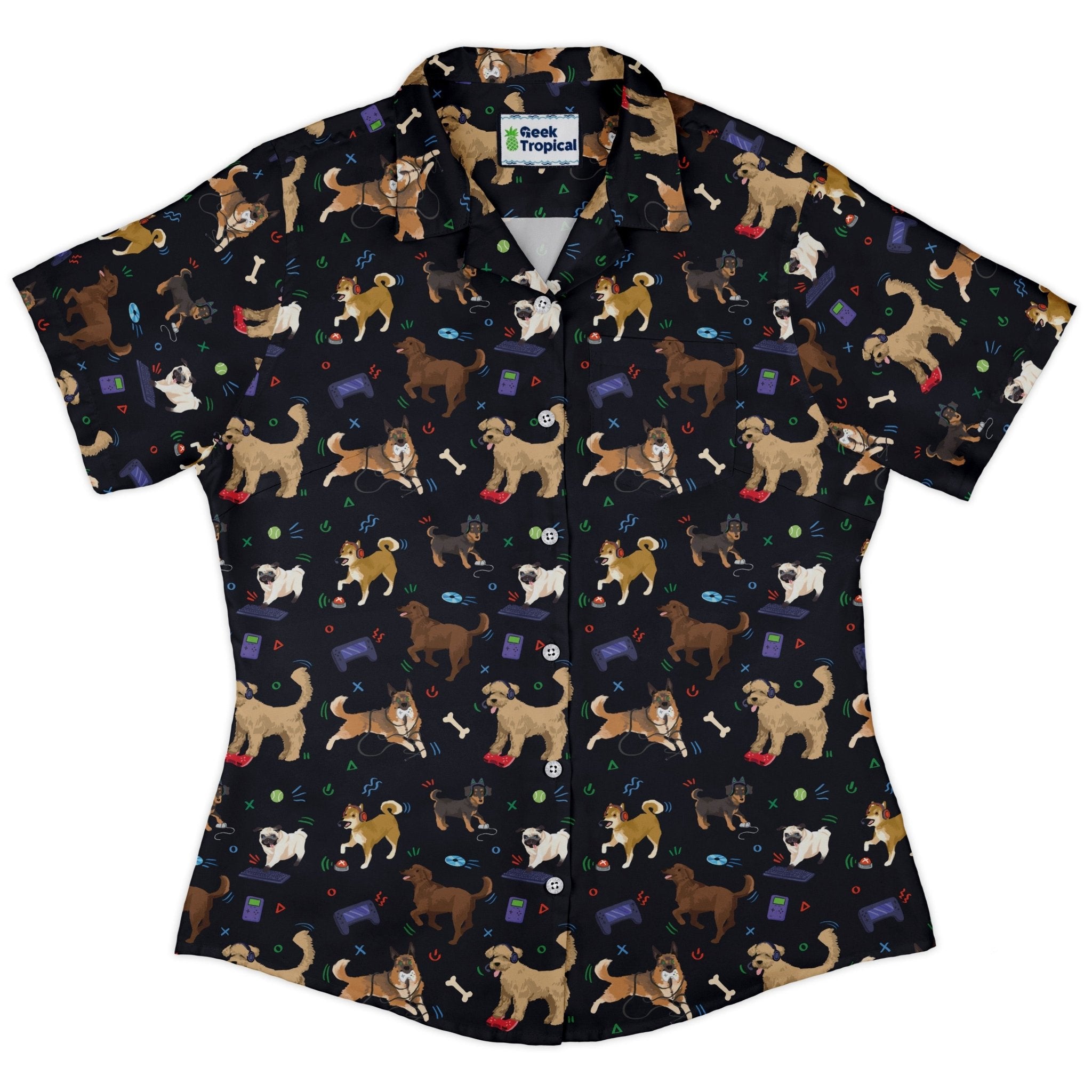 Video Game Dogs Dark Curvy Button Up Shirt Geek Nerd Animal Patterns Design by Claire Murphy video game arcade print