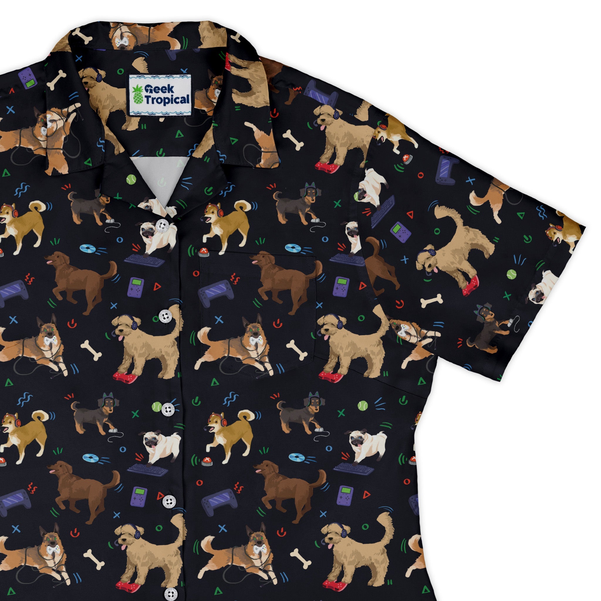 Video Game Dogs Dark Curvy Button Up Shirt Geek Nerd Animal Patterns Design by Claire Murphy video game arcade print