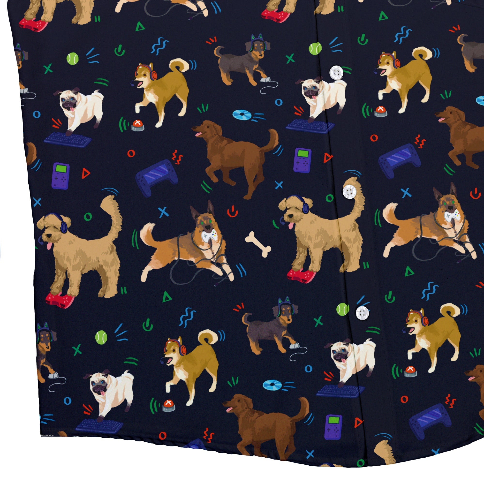 Video Game Dogs Dark Button Up Shirt - adult sizing - Animal Patterns - Design by Claire Murphy
