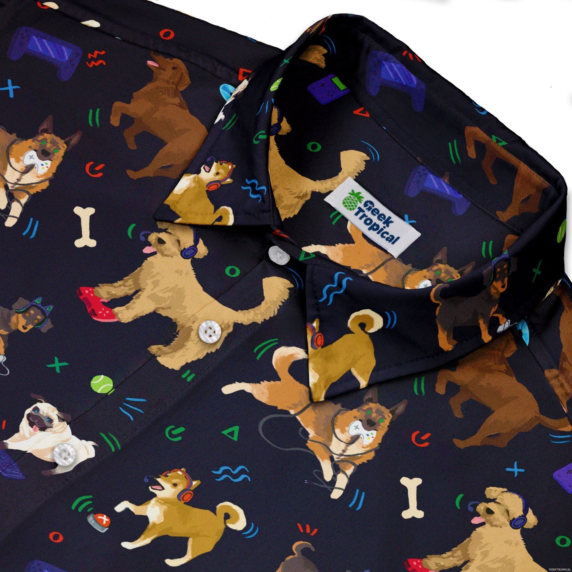 Video Game Dogs Dark Button Up Shirt - adult sizing - Animal Patterns - Design by Claire Murphy