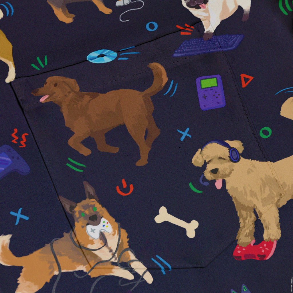 Video Game Dogs Dark Button Up Shirt - adult sizing - Animal Patterns - Design by Claire Murphy