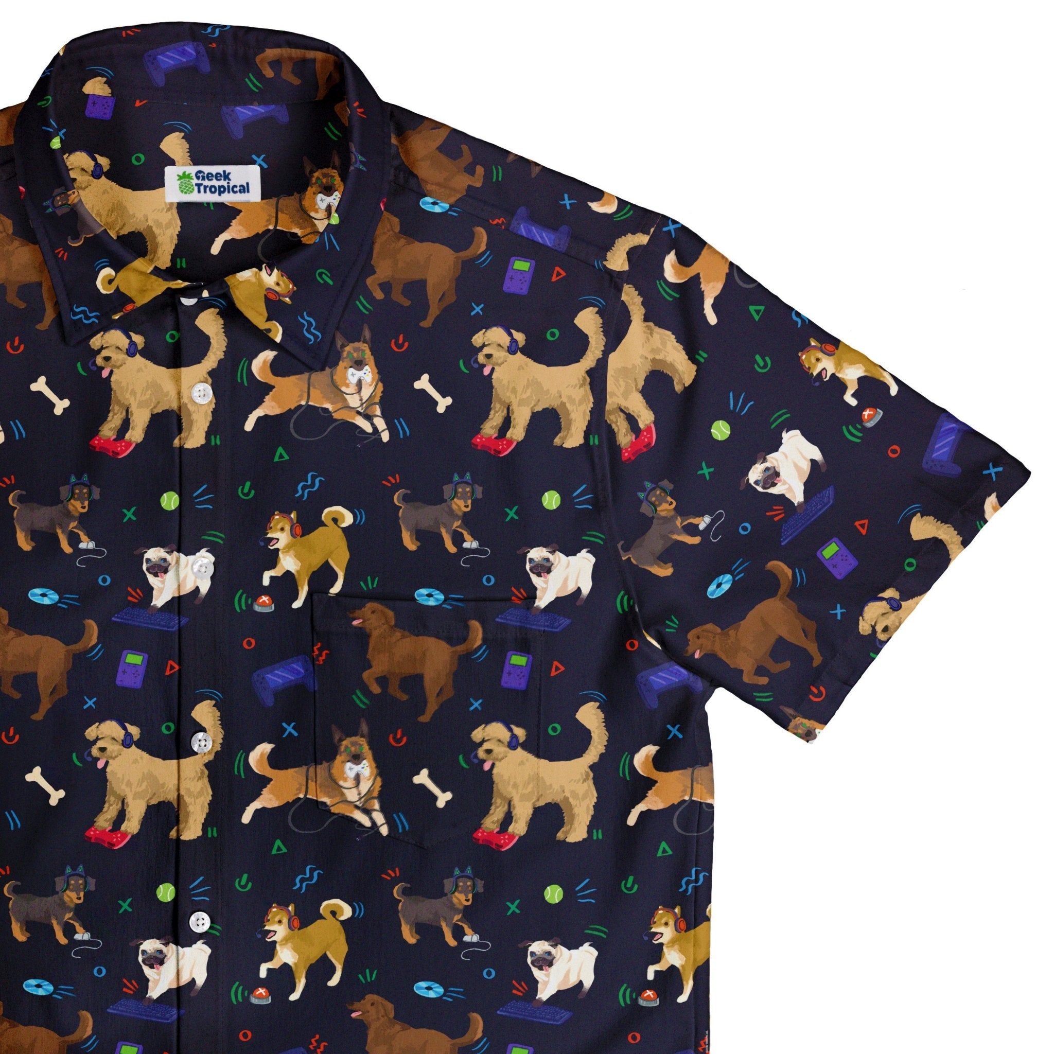 Video Game Dogs Dark Button Up Shirt - adult sizing - Animal Patterns - Design by Claire Murphy