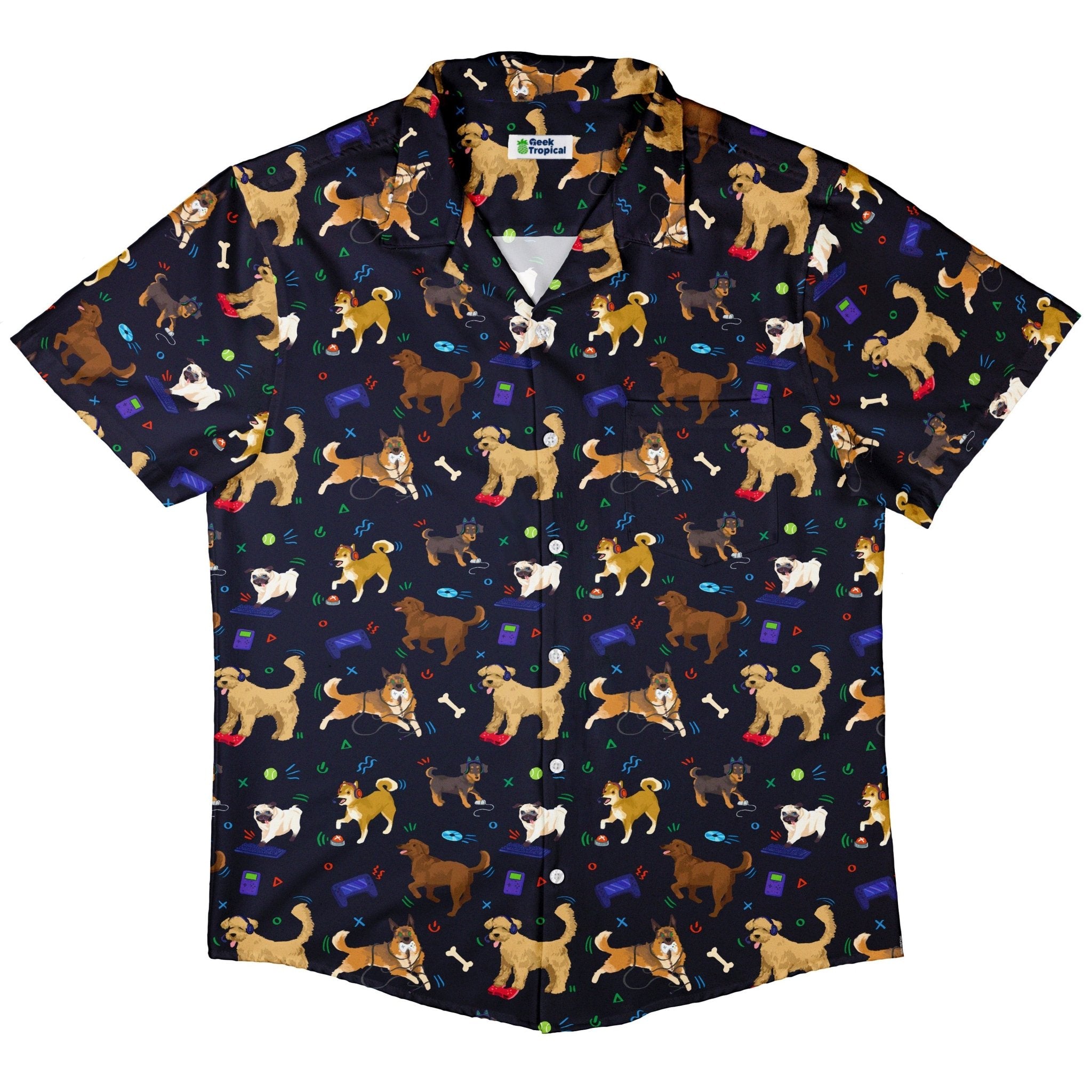 Video Game Dogs Dark Button Up Shirt - adult sizing - Animal Patterns - Design by Claire Murphy