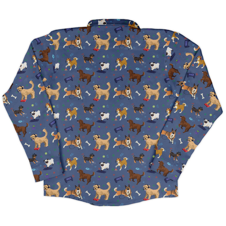 Video Game Dogs Light Long Sleeve Button Up Shirt Geek Nerd adult sizing Animal Patterns Design by Claire Murphy