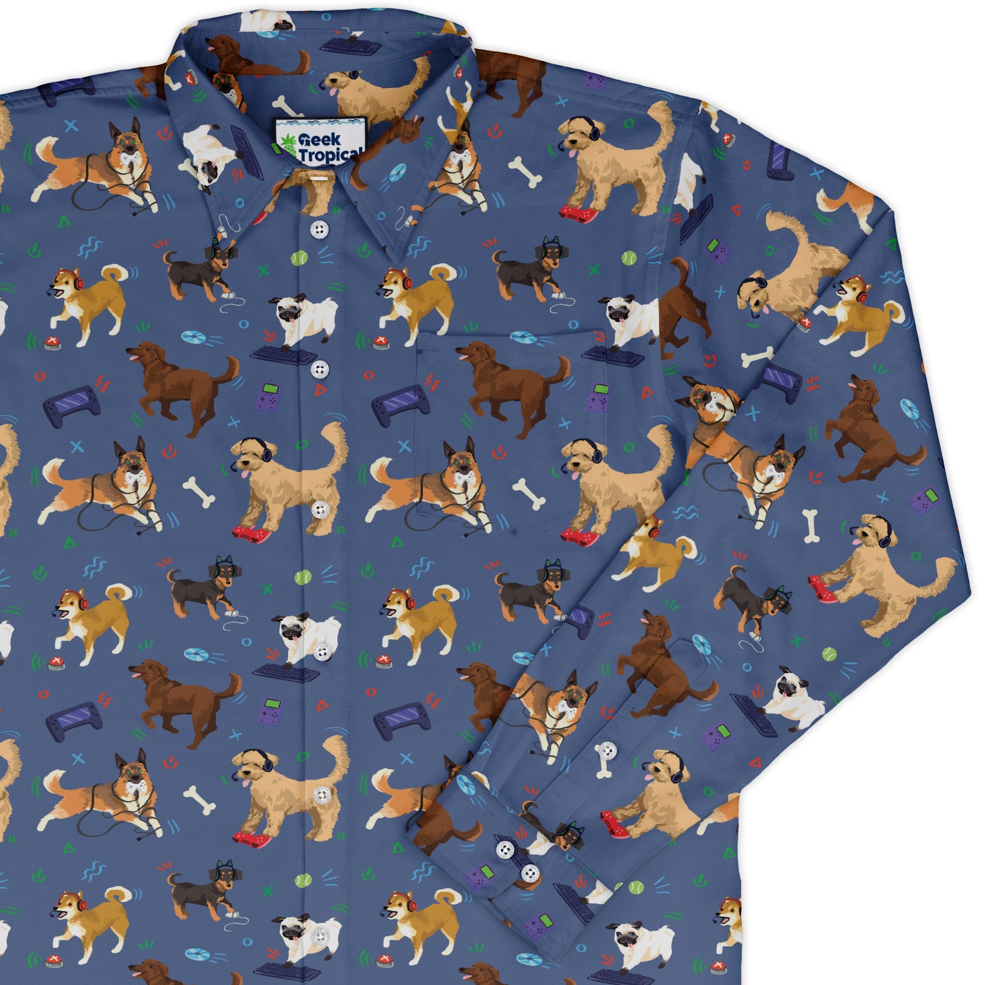 Video Game Dogs Light Long Sleeve Button Up Shirt
