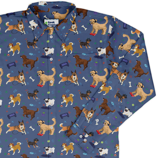 Video Game Dogs Light Long Sleeve Button Up Shirt Geek Nerd adult sizing Animal Patterns Design by Claire Murphy