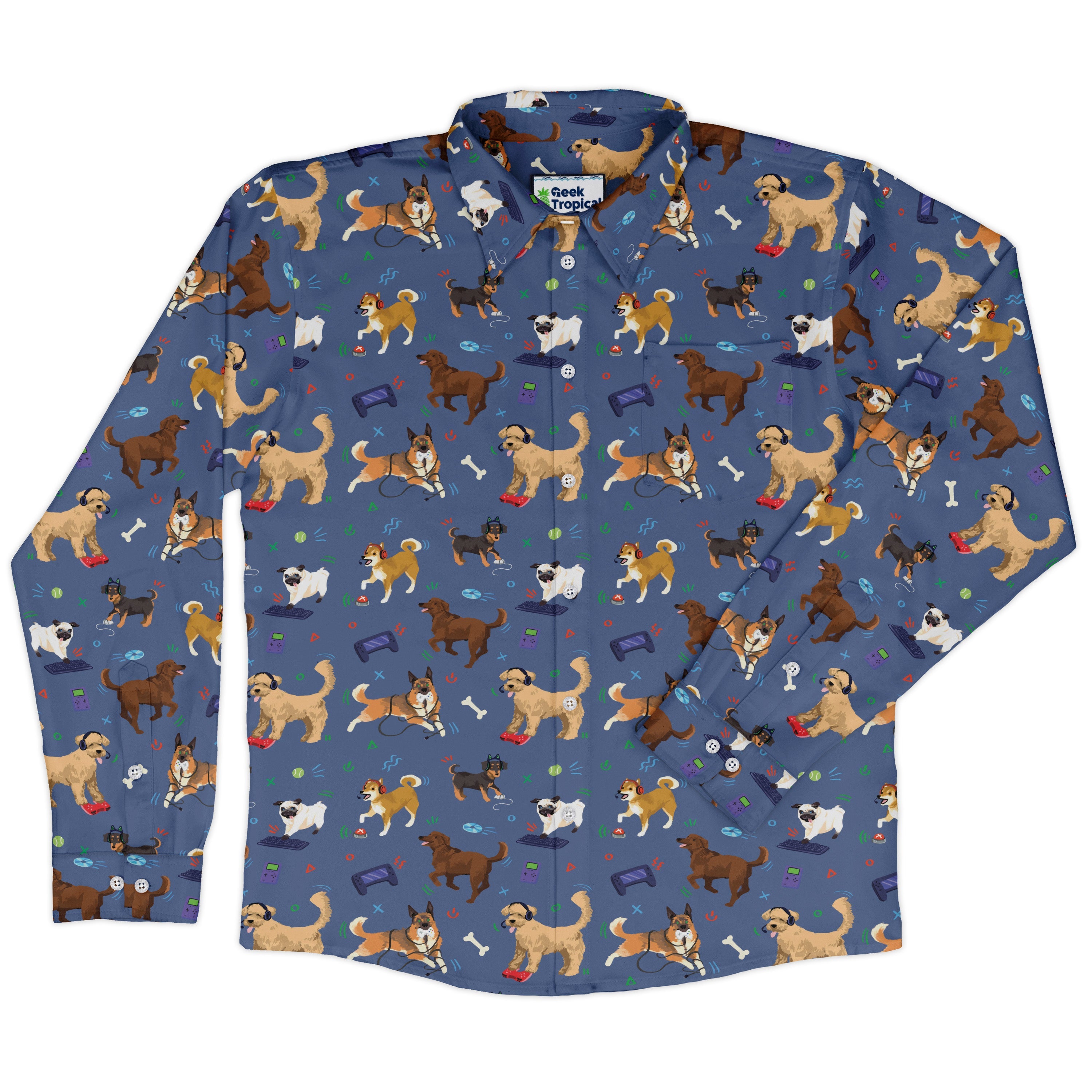 Video Game Dogs Light Long Sleeve Button Up Shirt