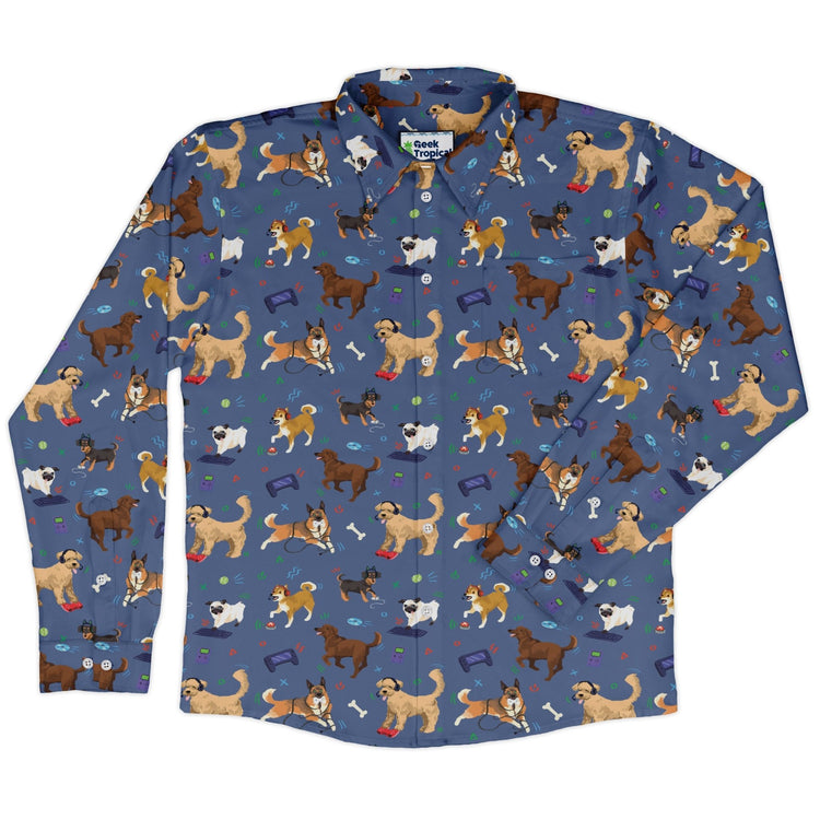 Video Game Dogs Light Long Sleeve Button Up Shirt Geek Nerd adult sizing Animal Patterns Design by Claire Murphy