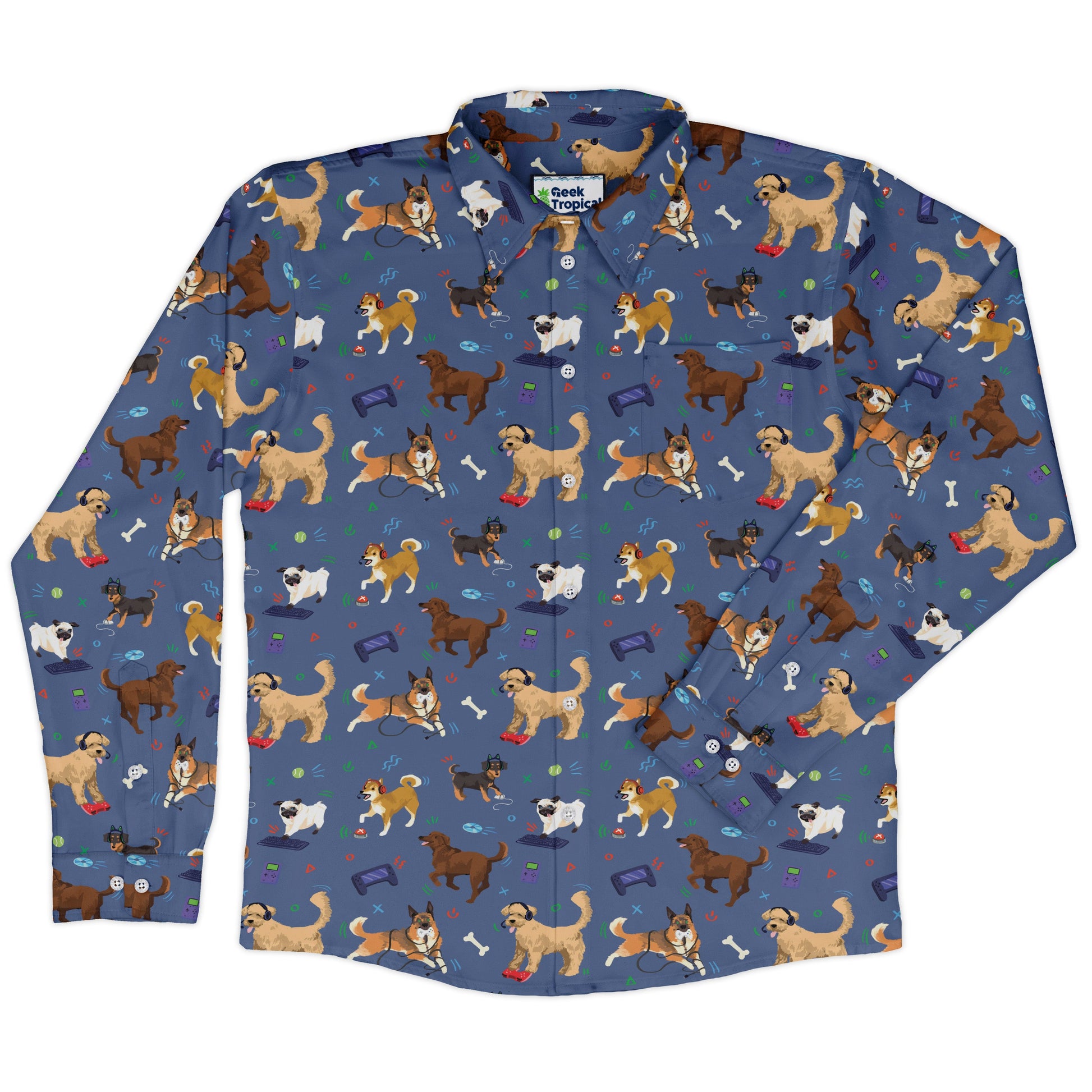Video Game Dogs Light Long Sleeve Button Up Shirt