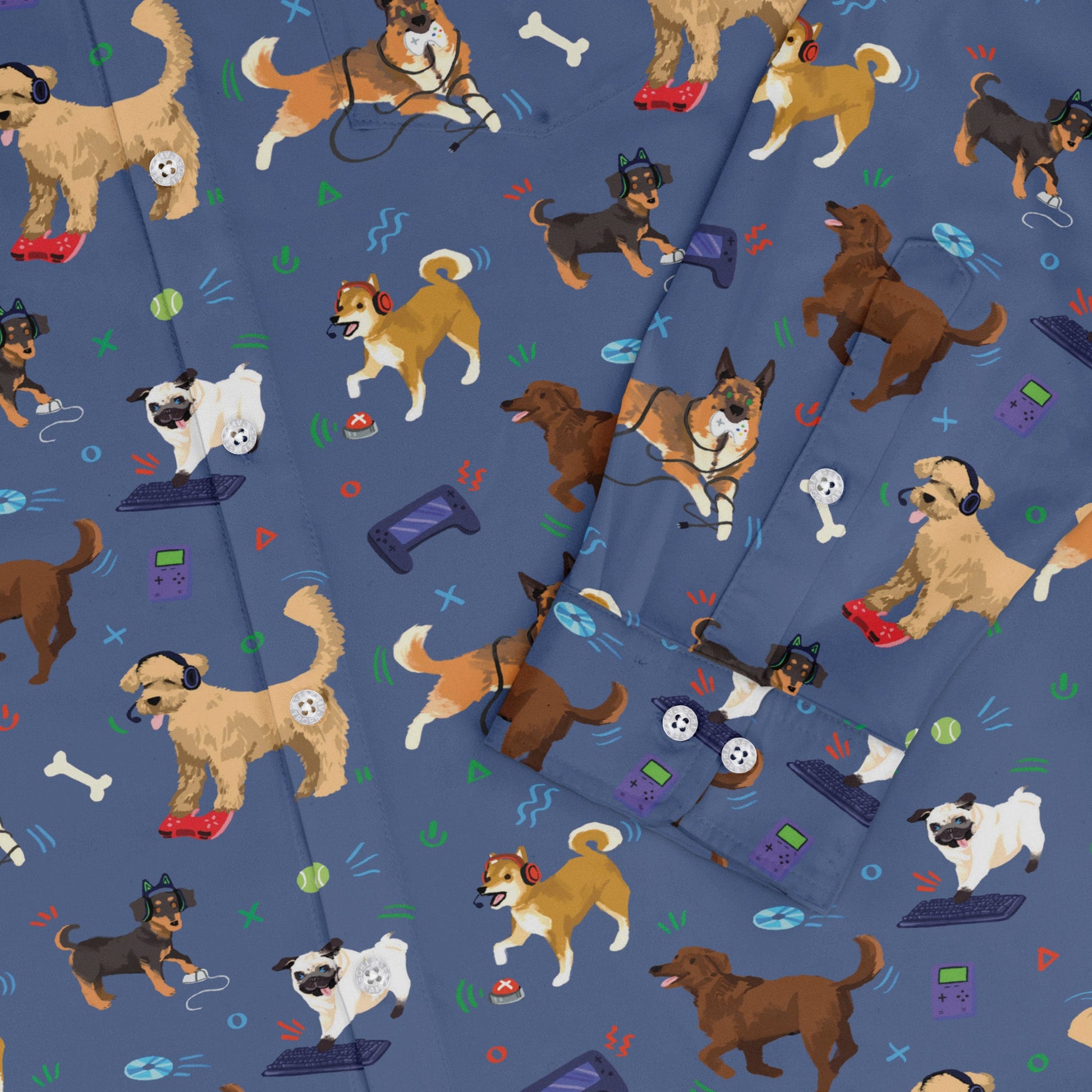 Video Game Dogs Light Long Sleeve Button Up Shirt