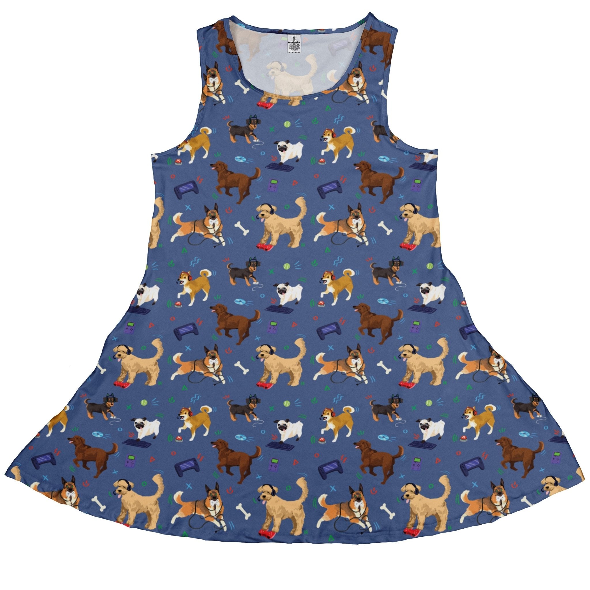 Video Game Dogs Light Dress Geek Nerd Animal Patterns Design by Claire Murphy lx - C