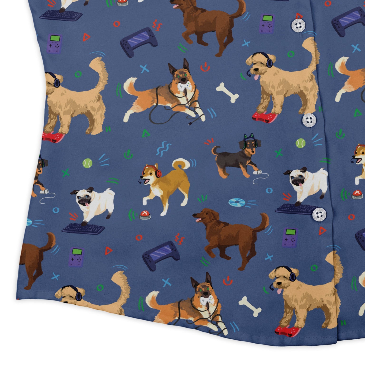 Video Game Dogs Light Curvy Button Up Shirt Geek Nerd Animal Patterns Design by Claire Murphy video game arcade print