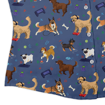 Video Game Dogs Light Curvy Button Up Shirt Geek Nerd Animal Patterns Design by Claire Murphy video game arcade print