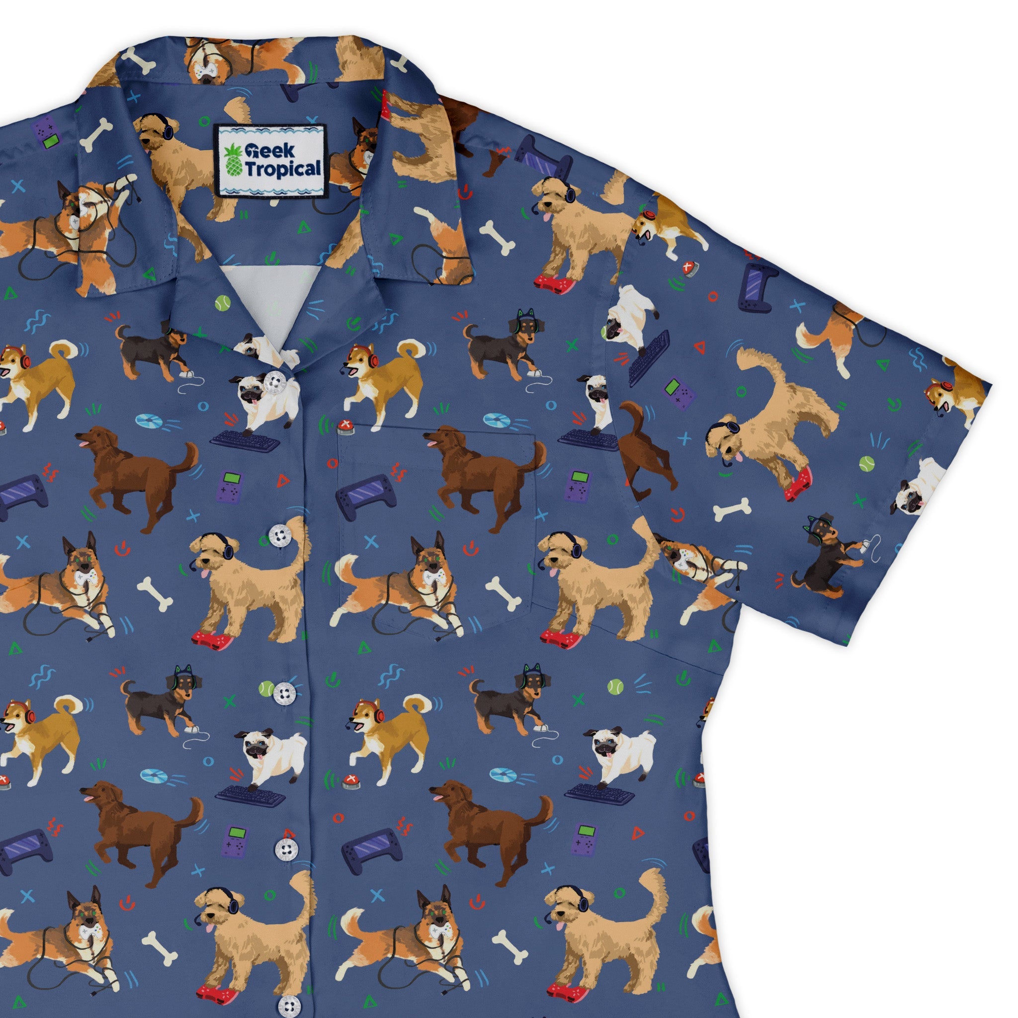 Video Game Dogs Light Curvy Button Up Shirt Geek Nerd Animal Patterns Design by Claire Murphy video game arcade print