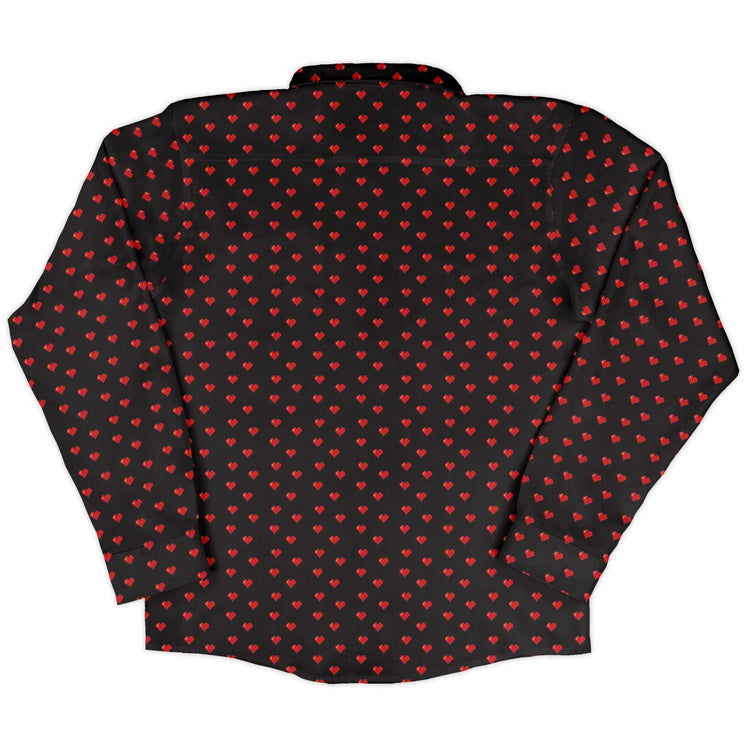 Video Game Hearts Black Long Sleeve Button Up Shirt Geek Nerd adult sizing Design by Heather Davenport FLOW DESC WRITING