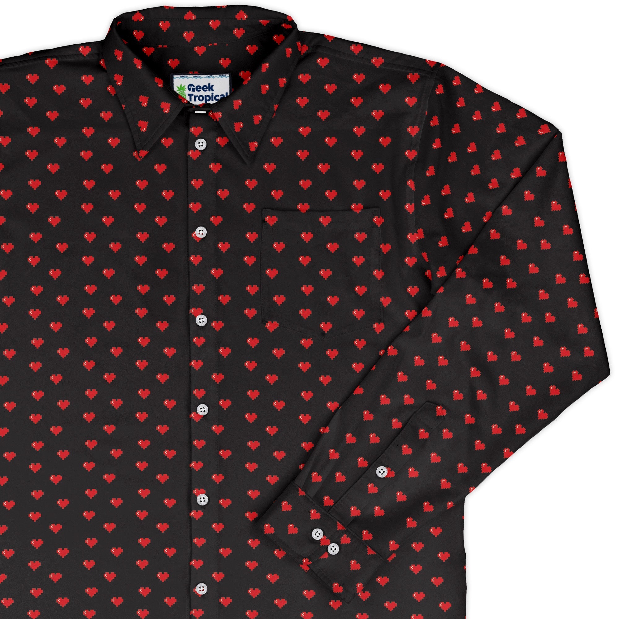 Video Game Hearts Black Long Sleeve Button Up Shirt