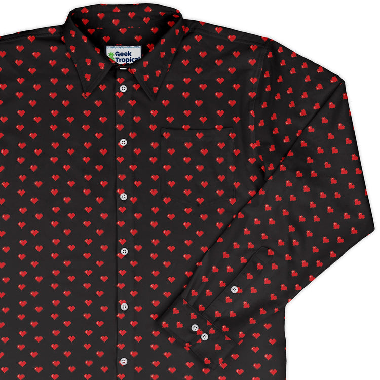 Video Game Hearts Black Long Sleeve Button Up Shirt Geek Nerd adult sizing Design by Heather Davenport FLOW DESC WRITING