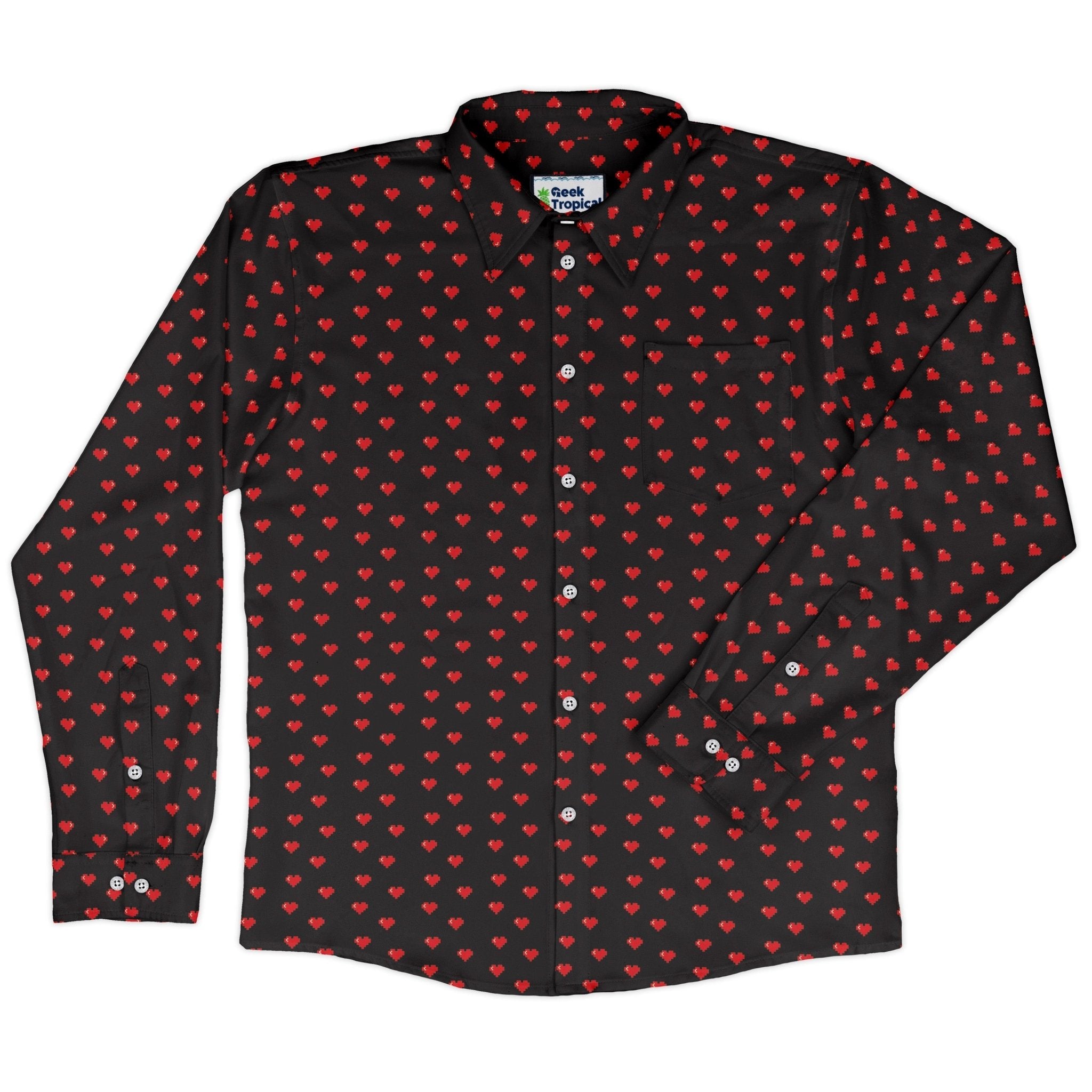Video Game Hearts Black Long Sleeve Button Up Shirt Geek Nerd adult sizing Design by Heather Davenport FLOW DESC WRITING